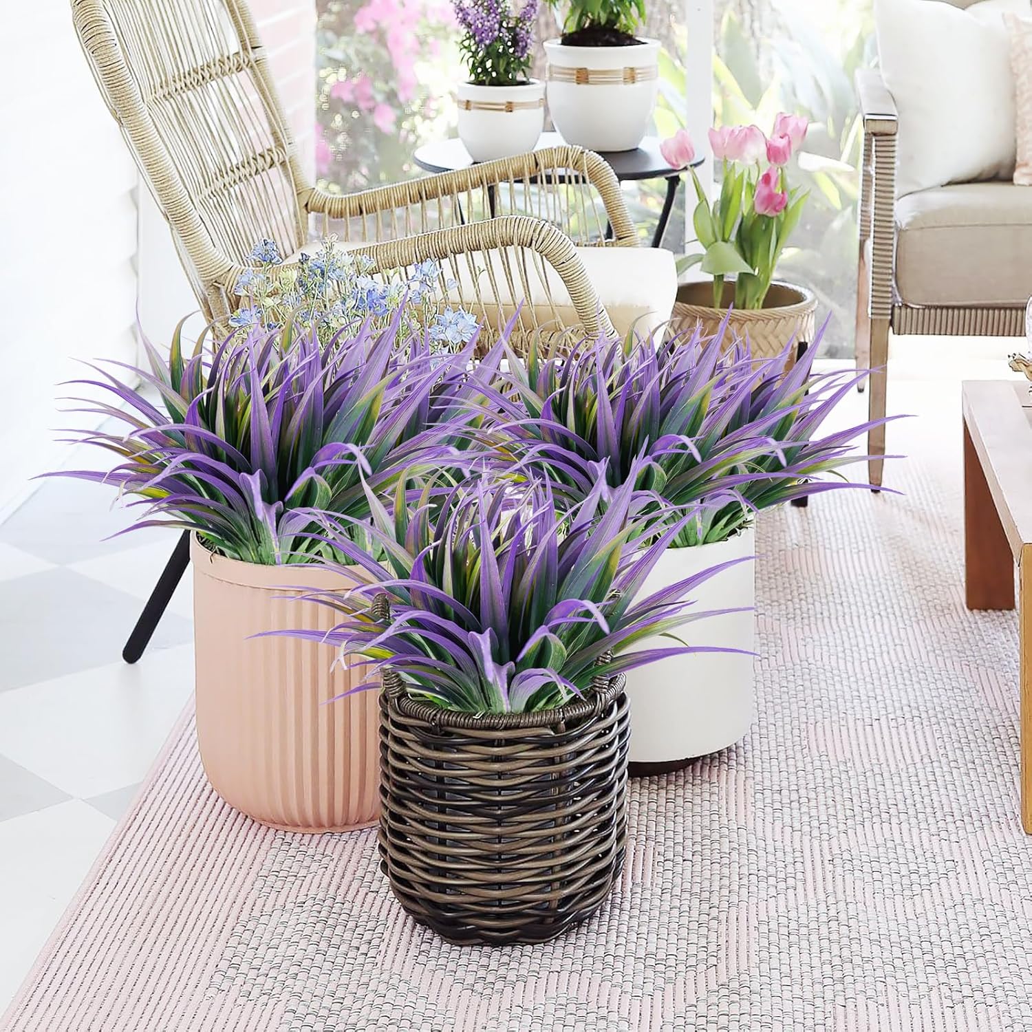 24Pcs Artificial Grass Plant Fake Outdoor Plastic Plants UV Resistant Faux Grasses Greenery Shrubs for Window Box Garden Patio Porch Home Decor Light Purple