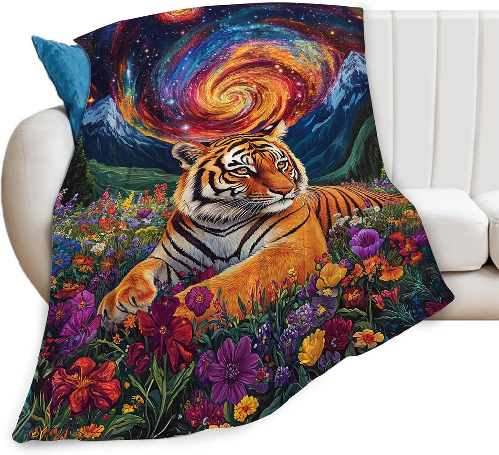Tiger Blanket Starry Night Floral Animal Throw Blankets Gifts for Girls Boys Kids Tiger Lover Soft Cozy Fleece Plush for Couch Sofa Bed 60"x50"
