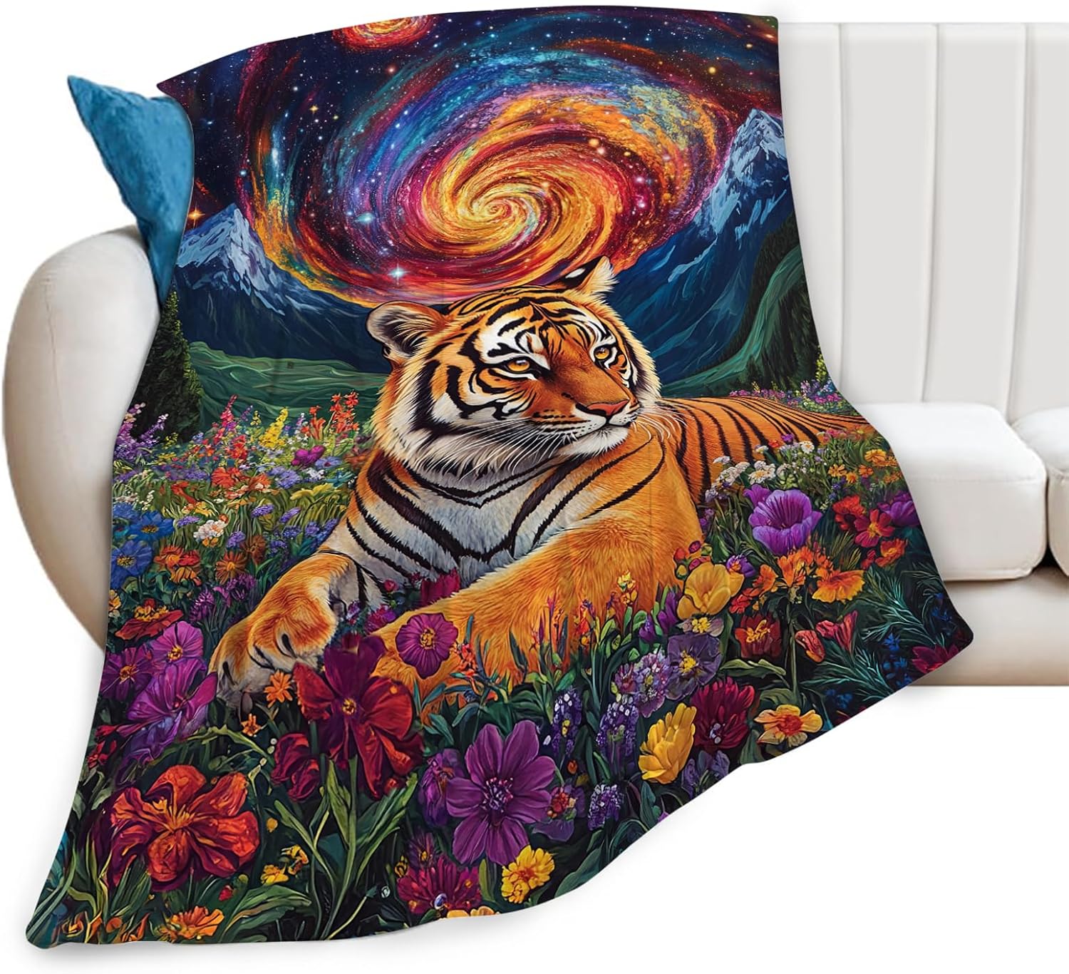 Tiger Blanket Starry Night Floral Animal Throw Blankets Gifts for Girls Boys Kids Tiger Lover Soft Cozy Fleece Plush for Couch Sofa Bed 60"x50"
