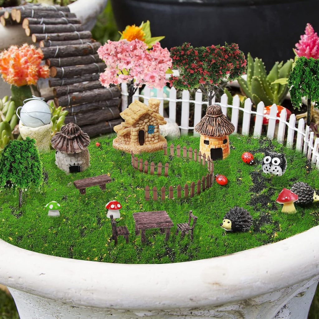 58 Pcs Mini Garden Accessories Set Fairy Village Miniature Fairy House Starter Kit Mini Terrarium Figurines Micro Landscape Mixed Model Tree Diorama Supplies for DIY Succulent Dollhouse Craft