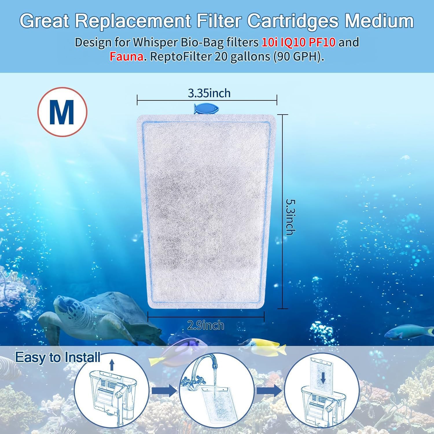 12 Pack Assembled Medium Aquarium Filter Cartridge for Whisper Bio-Bag Power Filters, Medium Replacement Filter Cartridges for ReptoFilter