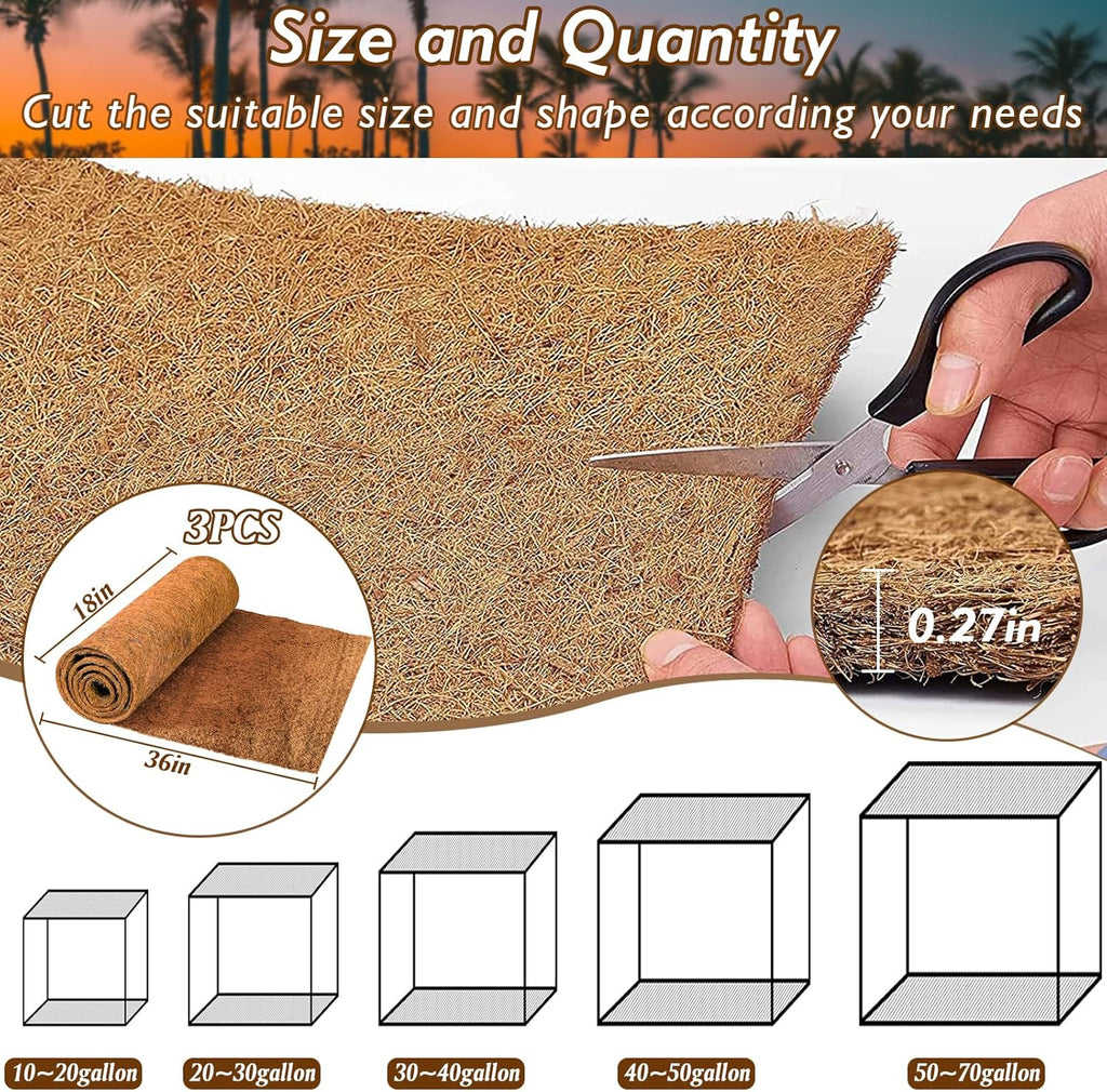 ZeeDix 3 Rolls Reptile Mat, 18 x 36 inches Natural Coconut Fiber Liner Mat Flooring Accessories for Reptile Tank - Bearded Dragon Tortoise Lizard Turtle Snake Leopard Gecko Substrate Bedding