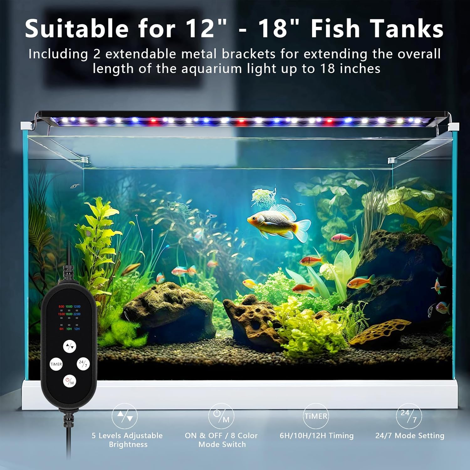 fishkeeper 24/7 Auto-Cycle Smart LED Aquarium Light - 8 Colors RGB Light Custom Timer, IP68 Waterproof, 14W/26W/36W Full Spectrum Fish Tank Light Aquarium Plant Light for 12-43 Inch Fish Tanks