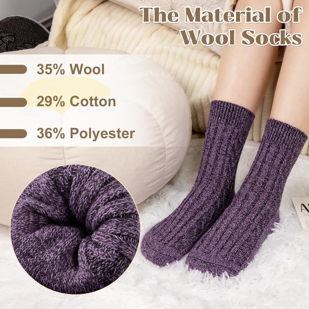 Justay 5 Pairs Wool Socks for Women - Winter Thick Boot Cozy Crew Vintage Soft Calf Knit Warm Socks Gifts