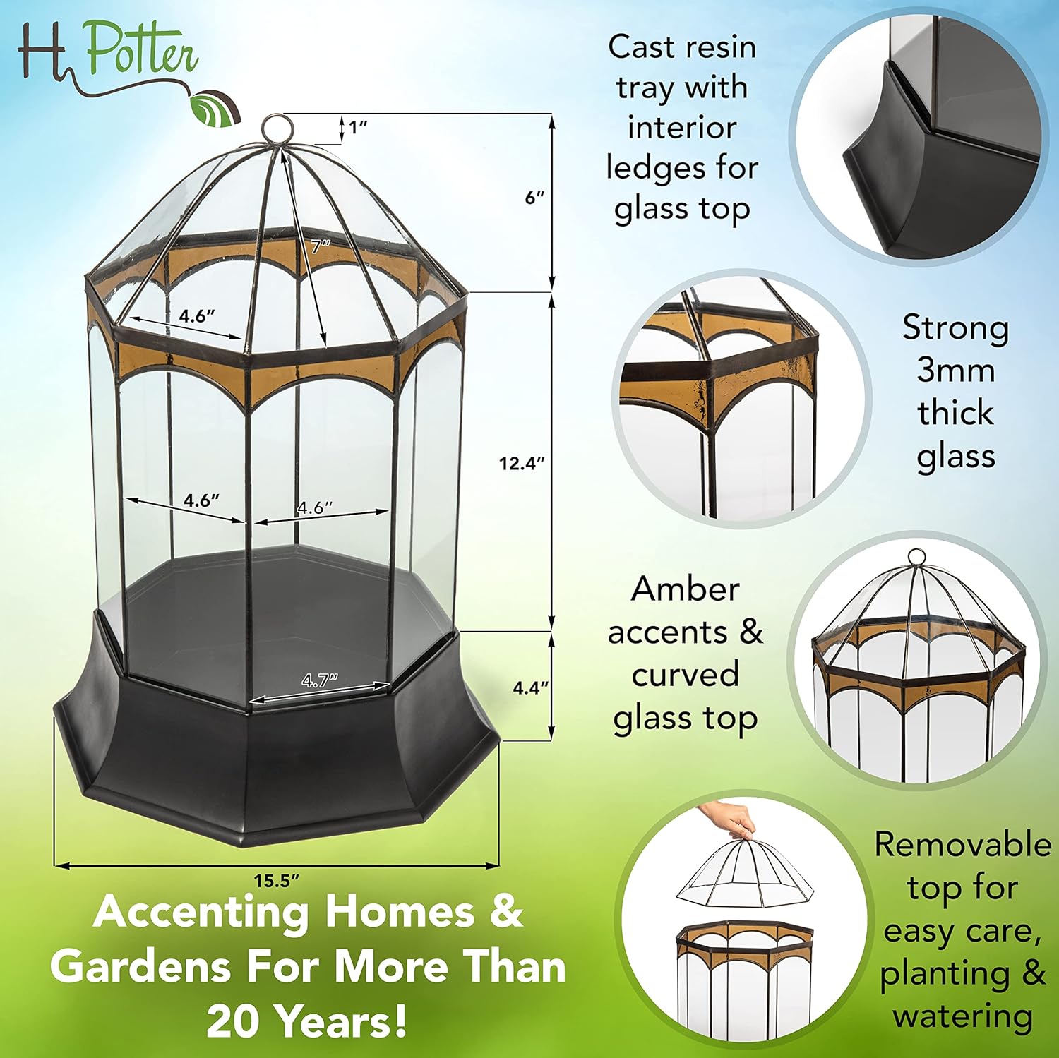 H Potter Eight Sided Terrarium Wardian Case with Curved Glass and Brown Accents Large