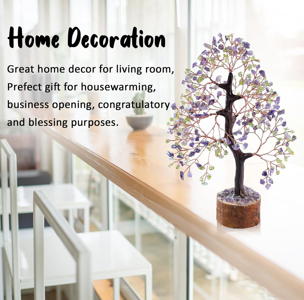 Amethyst & Peridot Crystal Tree Gemstone Tree of Life Chakra Bonsai Tree for Room, Desk & Office Decor Spiritual Gift Meditation Birthday Gift for Women Mom her Sister Housewarming Gifts Home