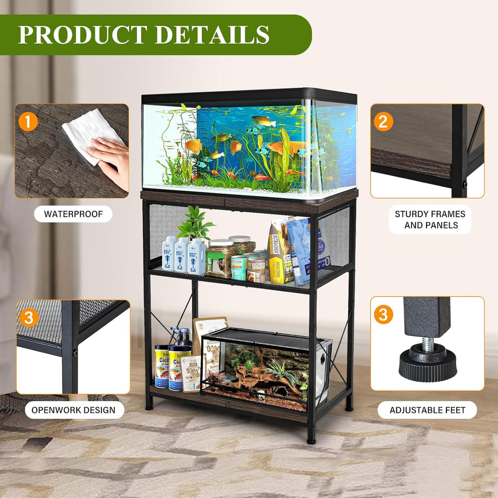 LALA IKAI Fish Tank Stand for 10-20 Gallon Aquariums Heavy Duty Adjustable Height Double Tier Steel Structure Sturdy Design Reptile Cage or Tank Storage Cabinet, Black