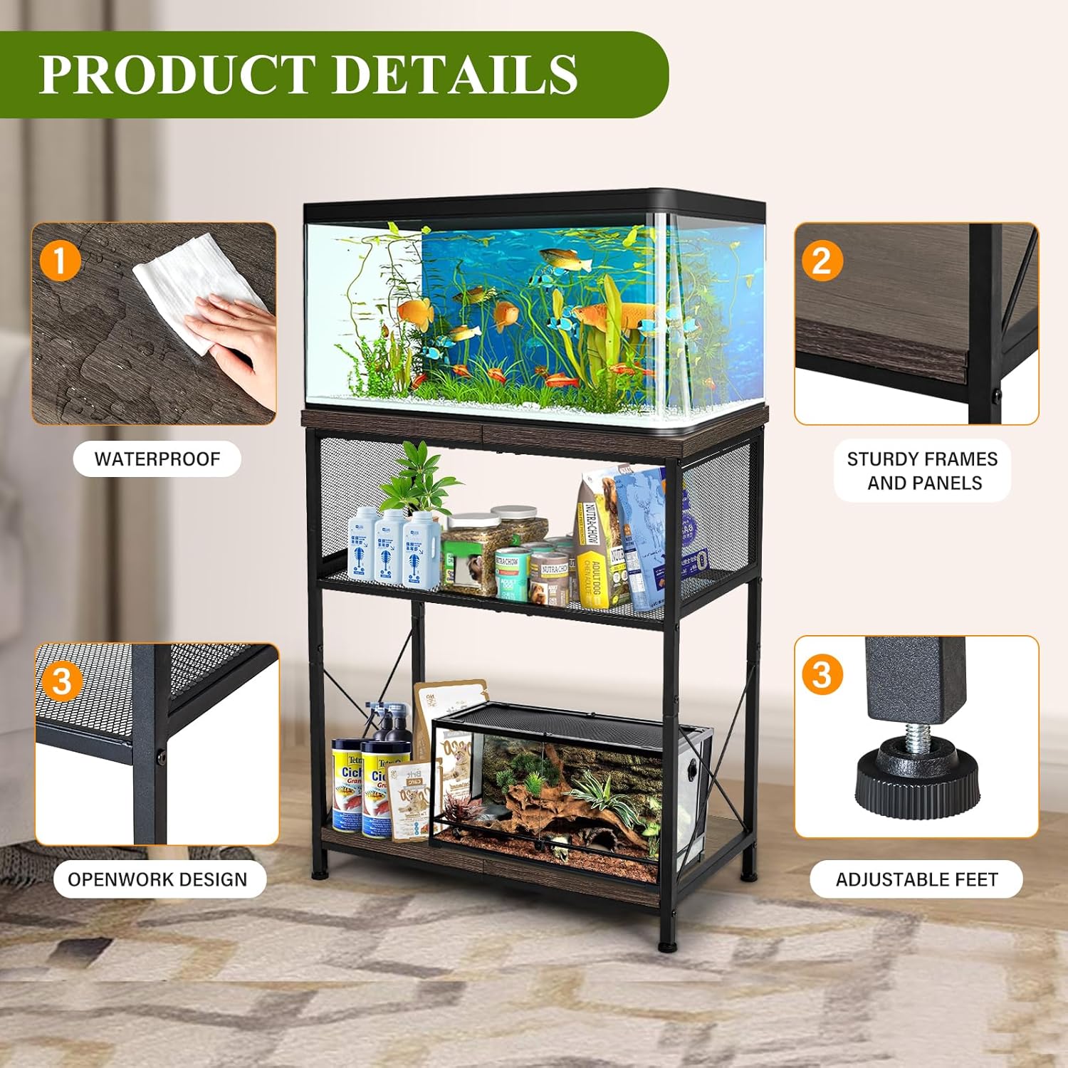 LALA IKAI Fish Tank Stand for 10-20 Gallon Aquariums Heavy Duty Adjustable Height Double Tier Steel Structure Sturdy Design Reptile Cage or Tank Storage Cabinet, Black