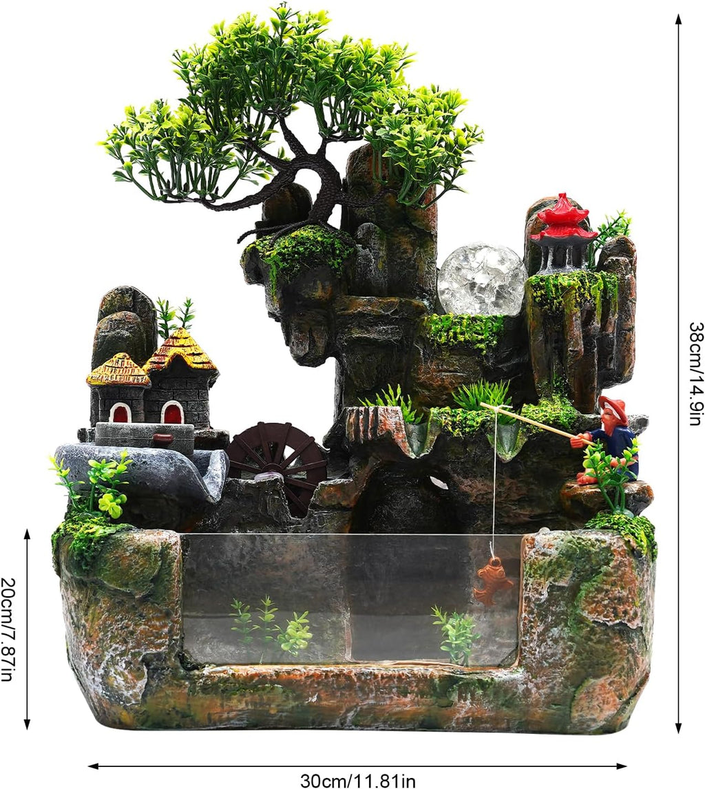 Desktop LED Waterfall Fountain,Tabletop Rockery Water Fountain with Fish Tank and Atomizer for Home Office Bedroom Decorative