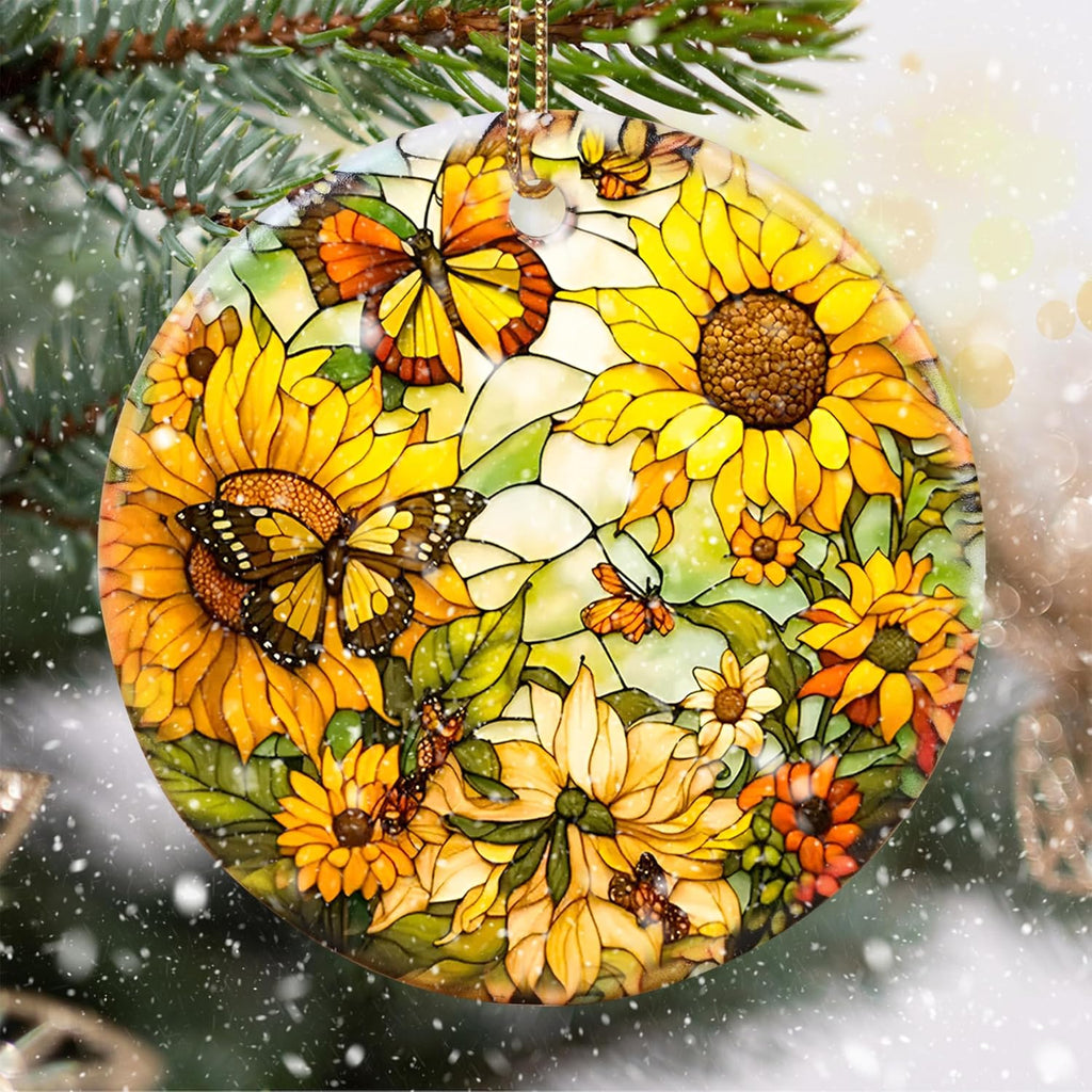 Stained Ceramic Butterfly with Sunflower Christmas Hanging Ornament for Tree Decorations Ideas