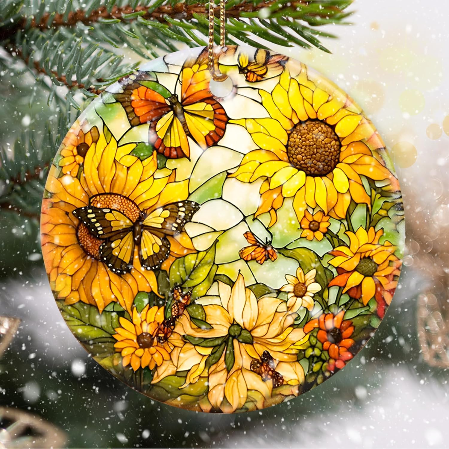 Stained Ceramic Butterfly with Sunflower Christmas Hanging Ornament for Tree Decorations Ideas