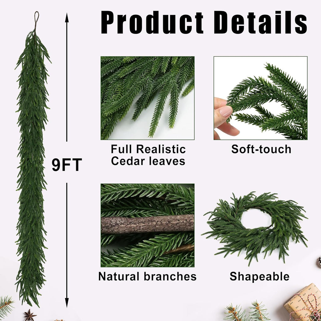 9FT Realistic Christmas Garland Pine Garland Real Touch Green Artificial Greenery Garland Artificial Pine Garlands,for Table Mantle Wall Indoor Outdoor Christmas All-Season Decorations