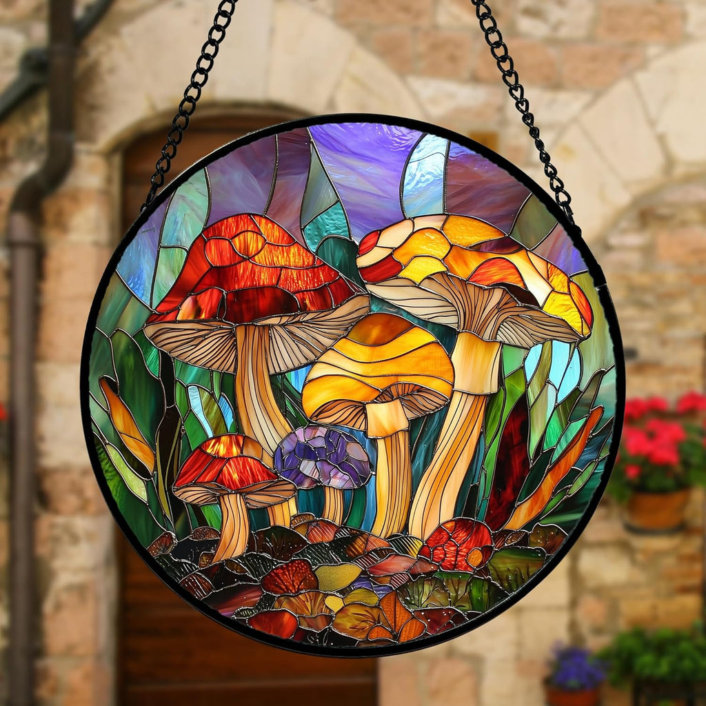 Stained Glass Window Hanging, Jungle Mushrooms Sun Catchers Diamond Glass Panel Hangings Plant Suncatcher Decor for Birthday for Women, Men, Wife, Aunt, and Mom 9.8 in