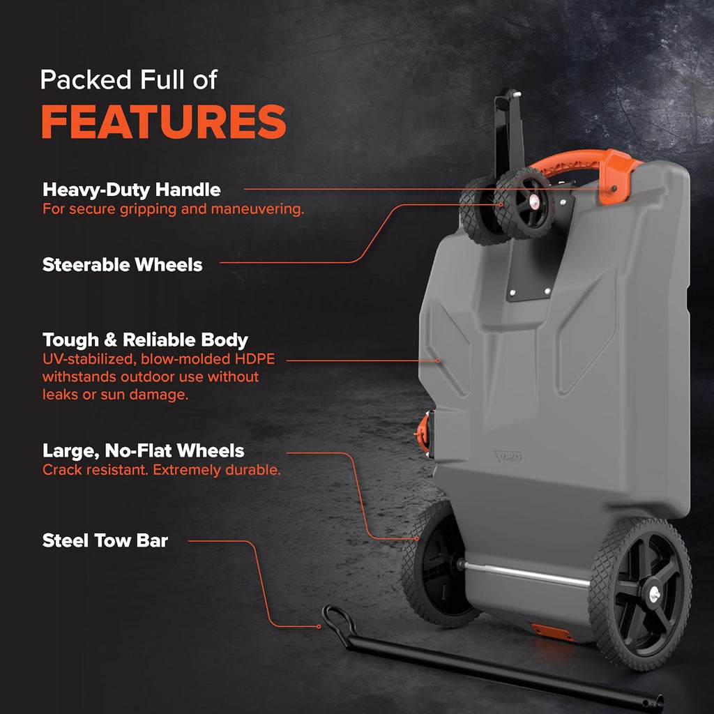 Camco Rhino 36-Gallon Portable RV Tote Tank - Features 2 Steerable No-Flat Front Wheels & Built-in Gate Valve - Includes Removable 24" Tow Bar, 3’ Sewer Hose & More RV Accessories (39007)