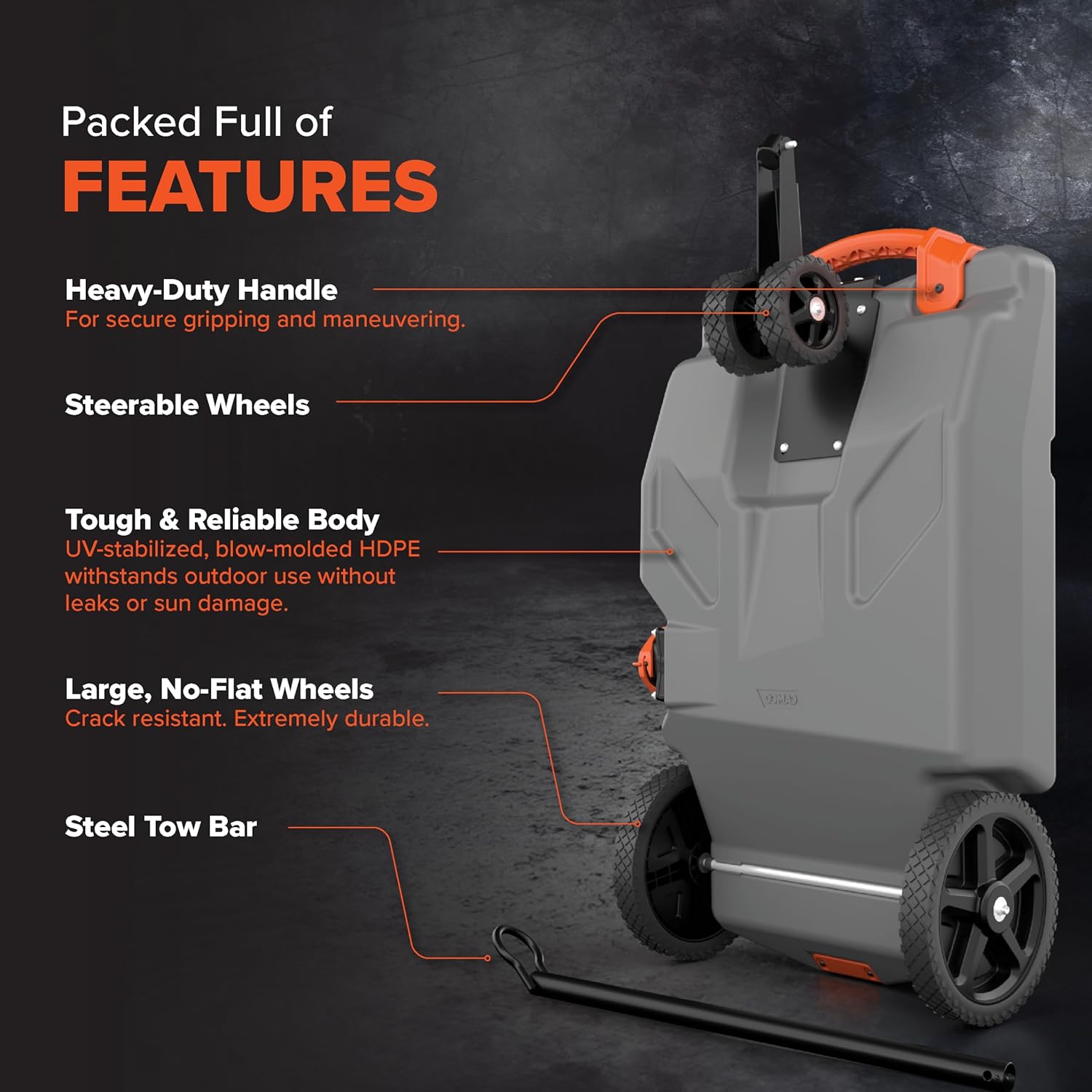 Camco Rhino 36-Gallon Portable RV Tote Tank - Features 2 Steerable No-Flat Front Wheels & Built-in Gate Valve - Includes Removable 24" Tow Bar, 3’ Sewer Hose & More RV Accessories (39007)