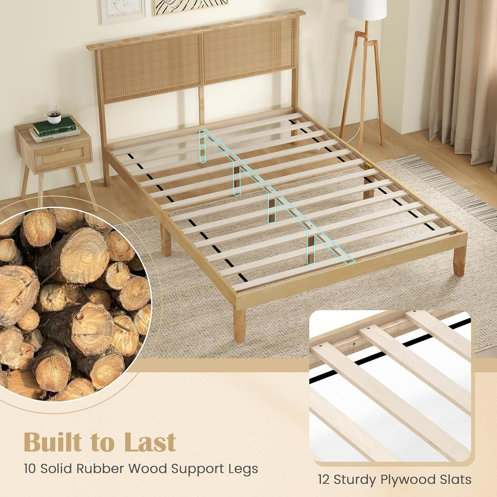 Giantex Queen Size Rattan Bed Frame with Rattan Headboard, Boho Solid Wood Platform Bed with Wooden Slats, 12 Inch Bed Frame Queen with Storage Underneath, No Box Spring Needed, Natural