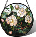 Stained Glass Suncatcher, Light Pink Flowers Green Leaf Sun Catcher Plant Stain Glass Window Hanging Decoration Mother's Day Birthday Gifts for Women Men Mom Nana 7.8 in