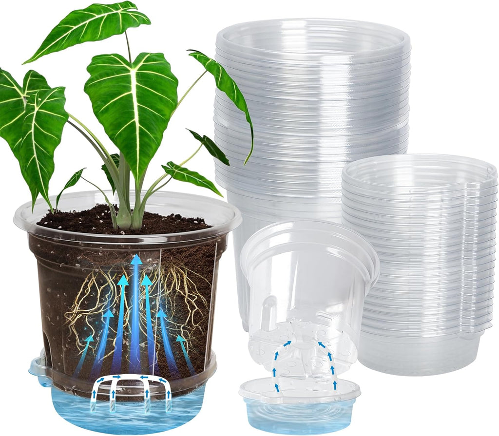 20 Pack 5 Inch Clear Self Watering Plant Pots with Bottom Water Tray & Watering Rope, Transparent Nursery Pots with Drainage for Seedlings, Herbs, and Houseplants