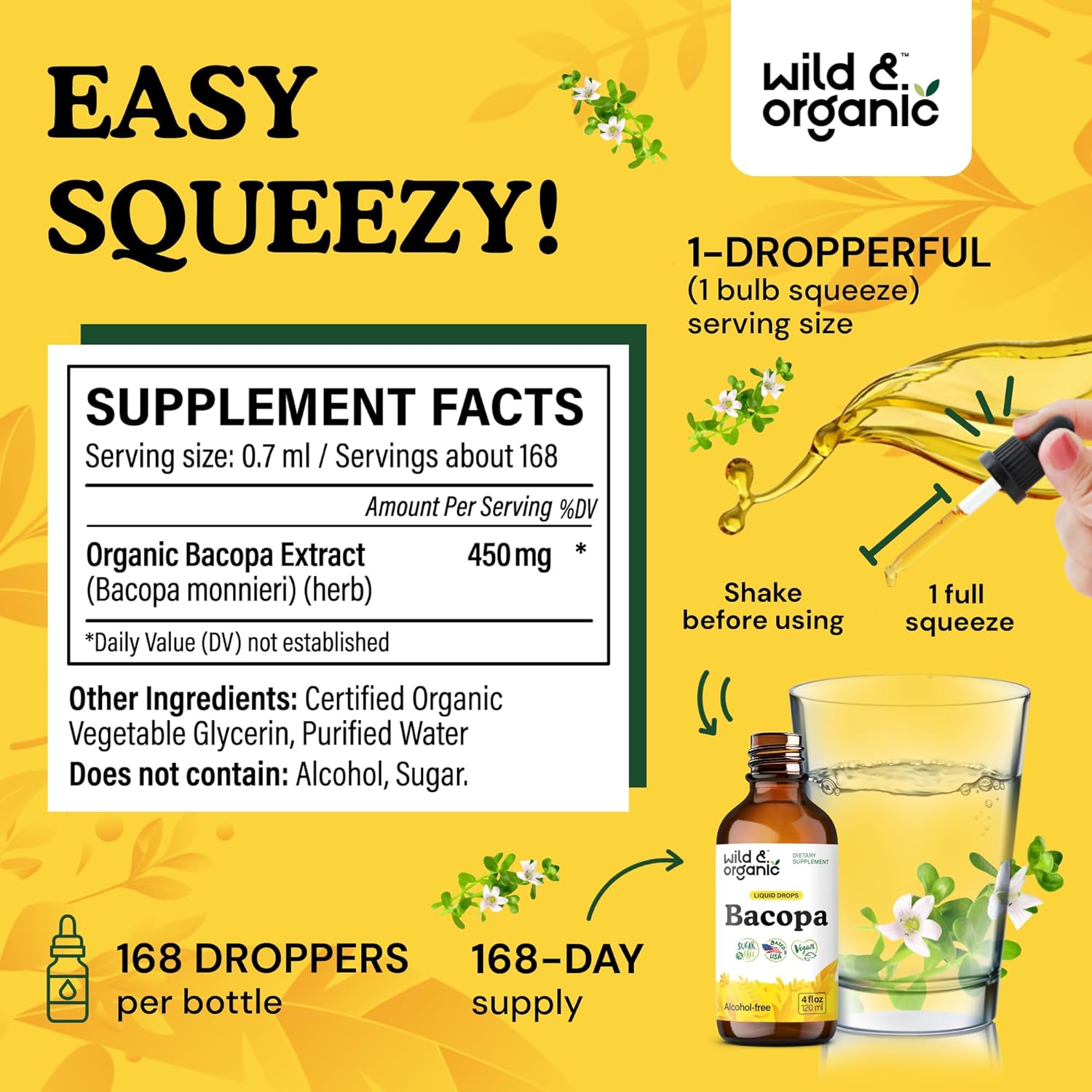 Wild & Organic Bacopa Liquid Drops - Herbal Tincture for Brain Support - Vegan Supplements with Bacopa Monnieri Extract Liquid - 5-Month Supply - Sugar & Alcohol-Free - 4 fl oz