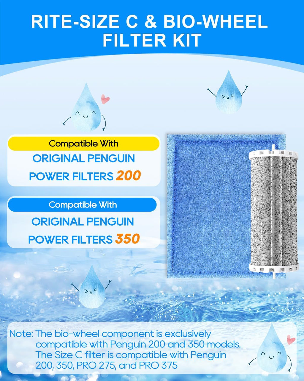 2+2 Pack Rite-Size C Aquarium Filters with Bio Wheel Aquarium Filter Compatible with Marineland Filter Penguin 200/200B/350/350B, Fish Tank Filters Replacement Kit