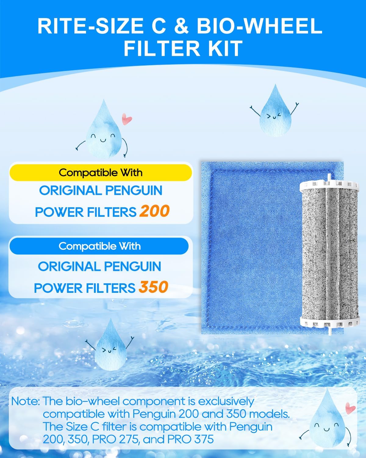 2+2 Pack Rite-Size C Aquarium Filters with Bio Wheel Aquarium Filter Compatible with Marineland Filter Penguin 200/200B/350/350B, Fish Tank Filters Replacement Kit