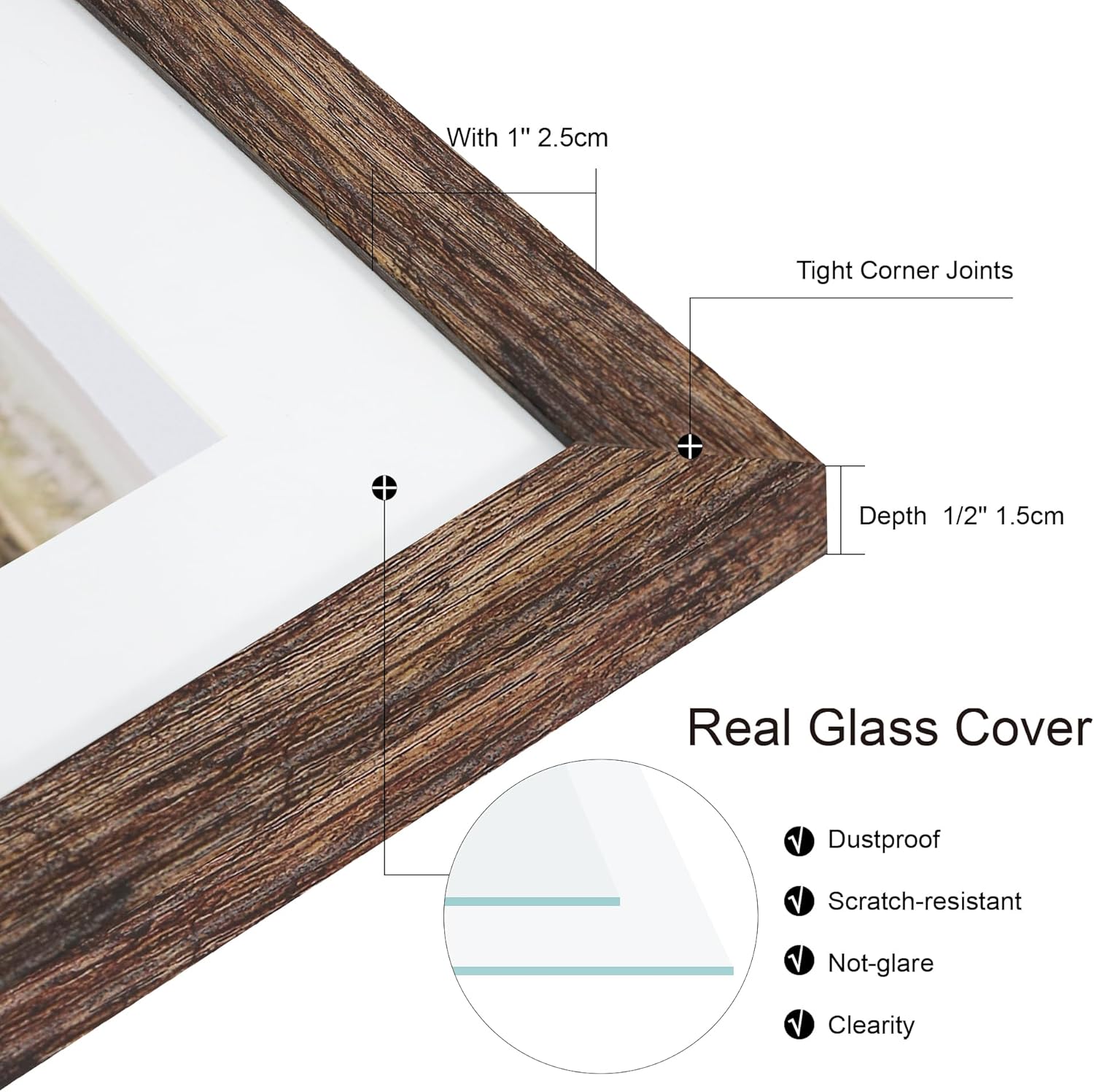 10x14 Picture Frame Set of 4, Made of Glass and Rustic Brown Wooden Frame, Display 8x12 Pictures with Mat or 30 x 40cm Diamond Painting Art without Mat for Wall Mounting, Gallery Photo Frames