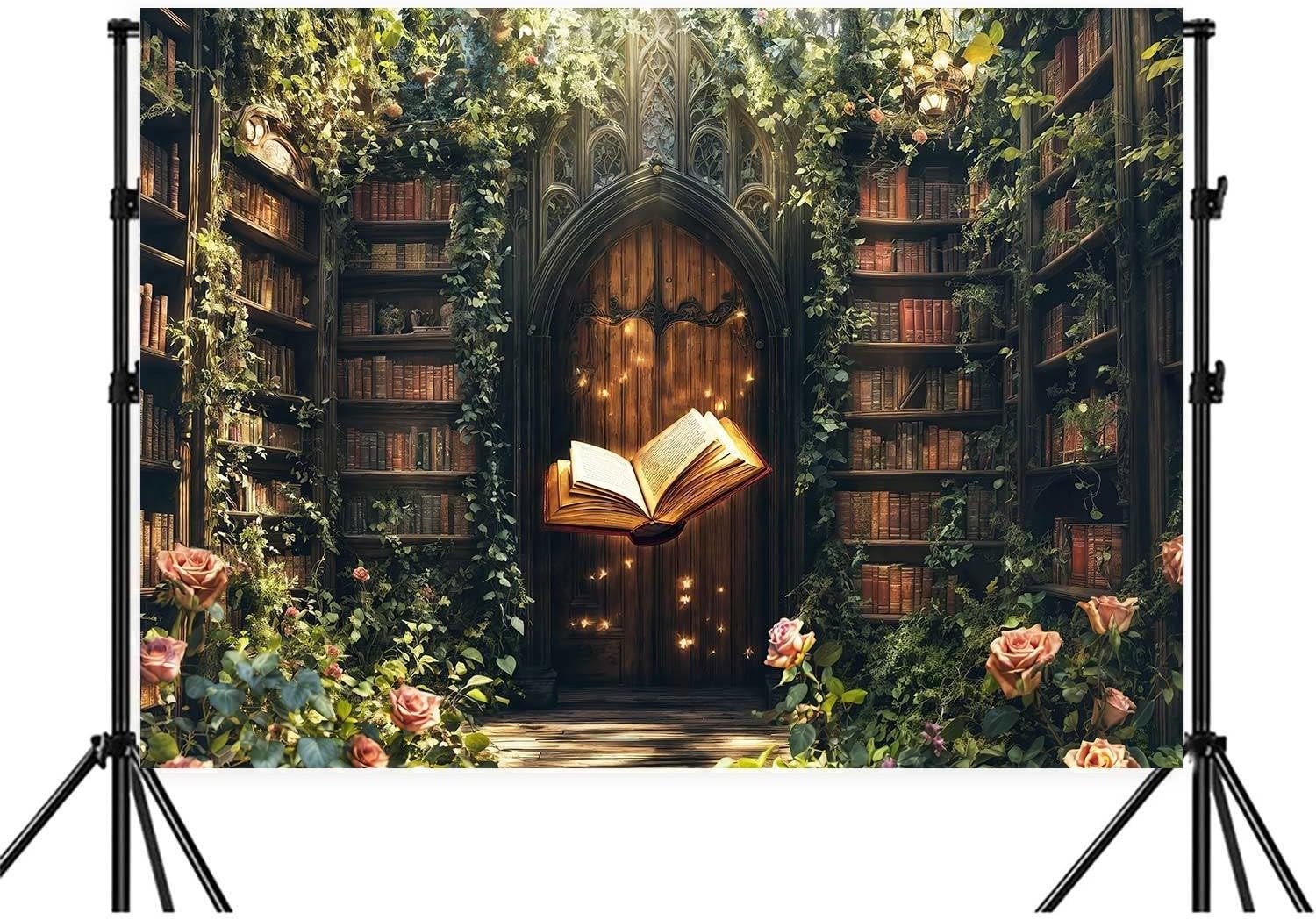 12X10ft Enchanted Magical Retro Forest Backdrop Green Nature Library Bookshelf Photography Background Magic Party Decor for Birthday Baby Shower Photo Shoot Props for Kids Adults