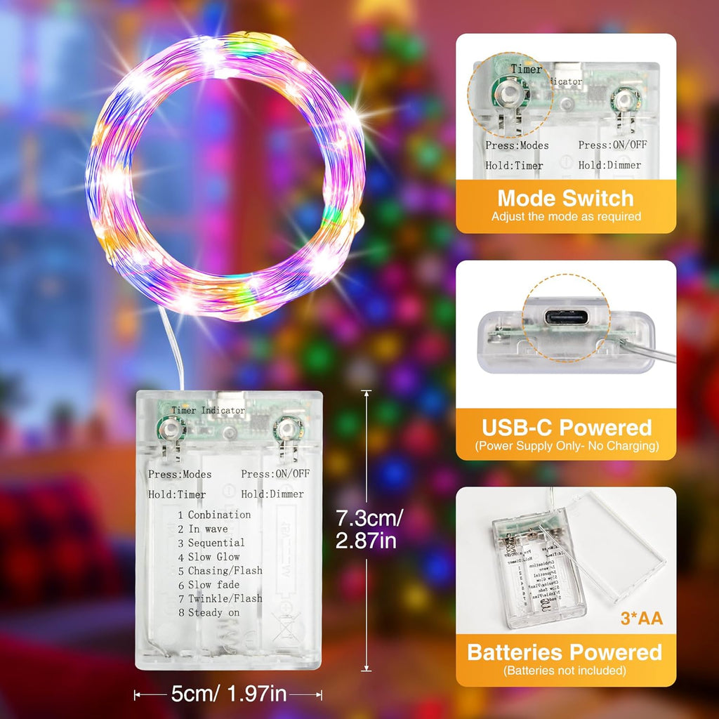 3 Pack 16FT 50 LED Fairy Lights Battery Operated with Timer, 8 Modes USB Mini Twinkle Light, Small String Lights for Christmas Tree Wreath Vase Bedroom DIY Wedding Decorations-Multi-Colored