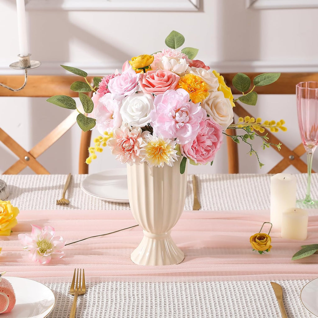 Artificial Flowers Combo, Mix Silk Flowers Roses, Peonies, Dahlias with Stems for DIY Wedding Bridal Bouquet, Baby Shower, Table Centerpieces, Home Decor, Floral Arrangements-Pink Yellow