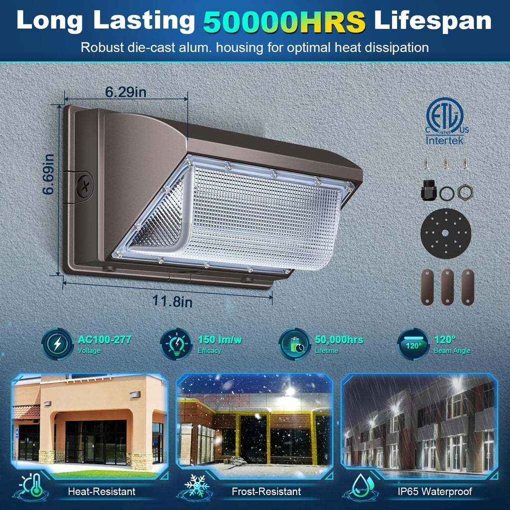 ledmo LED Wall Pack Light with Photocell, 120W Dusk to Dawn Outdoor Commercial Security Lighting, 5000K IP65 Waterproof 15840LM 6 Pack