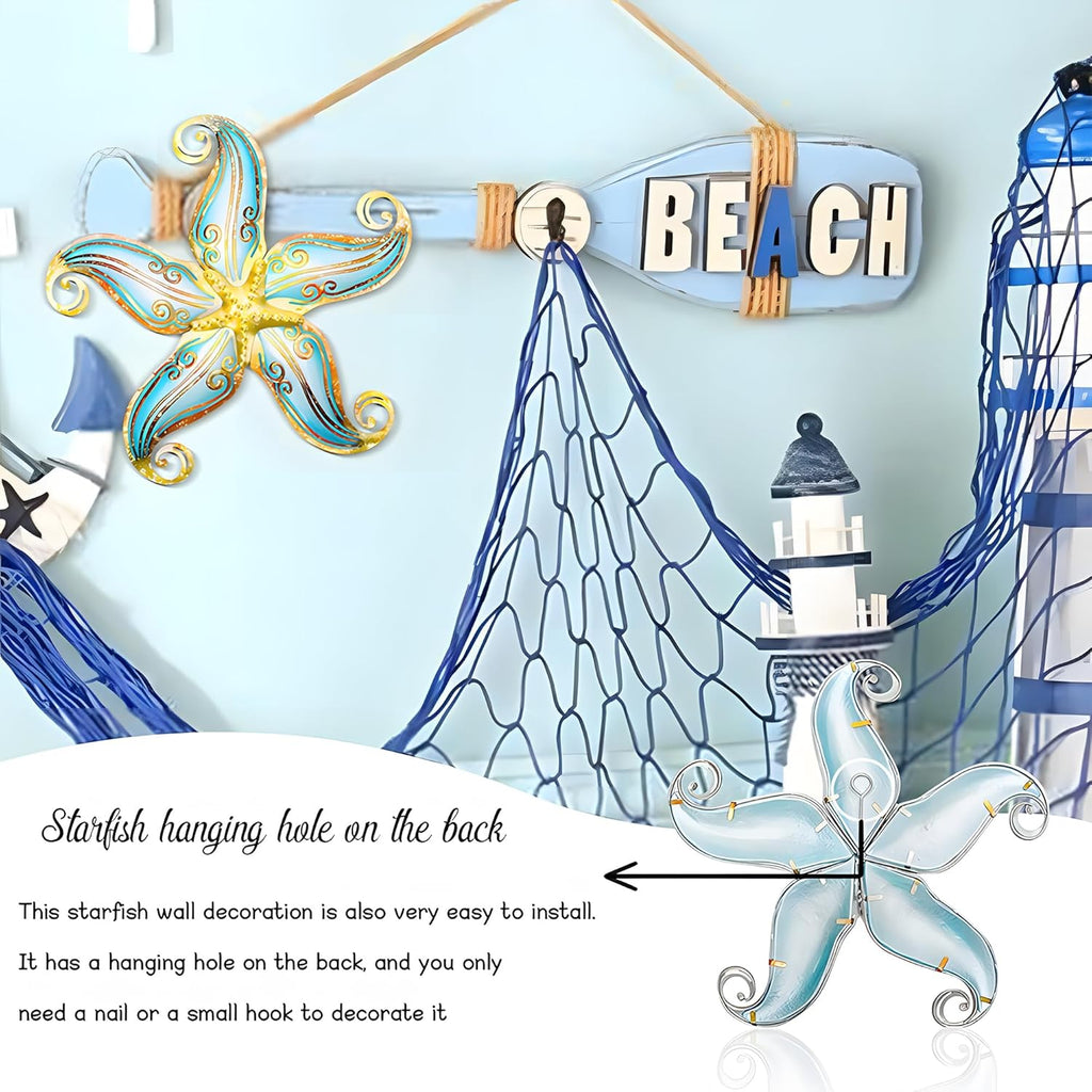 Metal Starfish Wall Decor, Sea Life Coastal Decorations 12 inch Starfish Wall Art, Nautical Home Decoration Handing Ocean Beach Wall Art for Garden,Fence,Home,Patio,Kitchen,Bathroom,(Blue)
