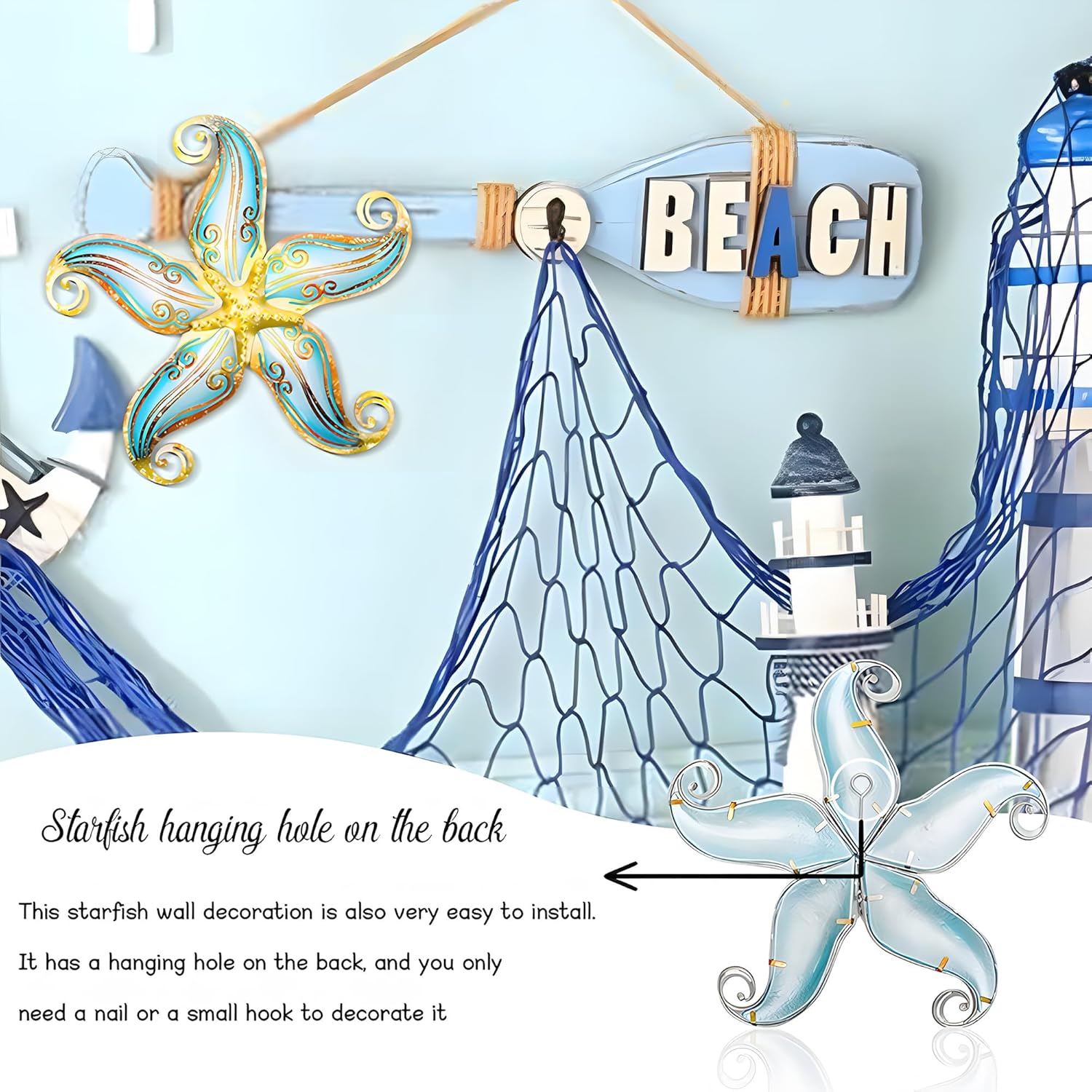 Metal Starfish Wall Decor, Sea Life Coastal Decorations 12 inch Starfish Wall Art, Nautical Home Decoration Handing Ocean Beach Wall Art for Garden,Fence,Home,Patio,Kitchen,Bathroom,(Blue)