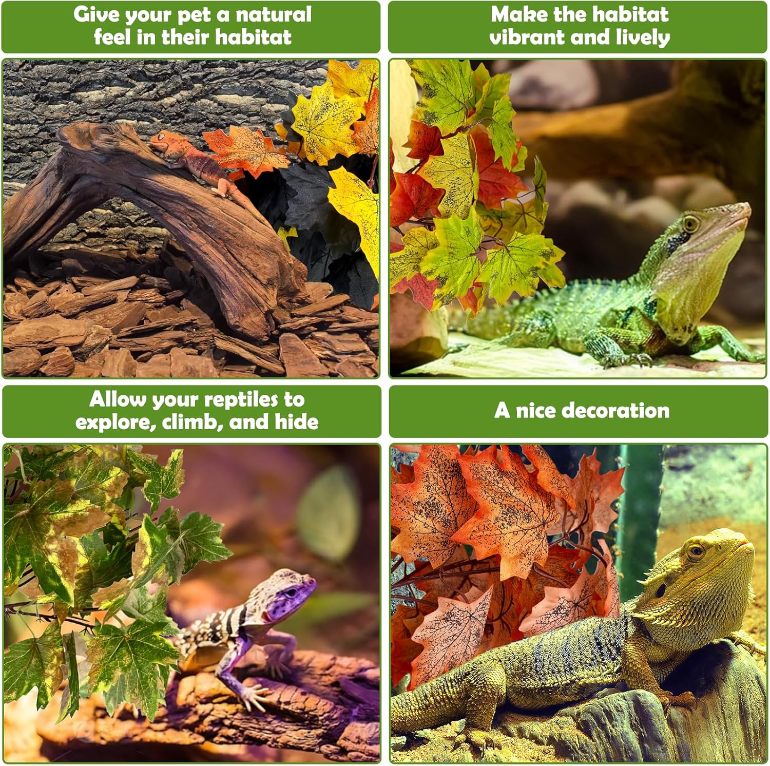 kathson Reptile Terrarium Plants Hanging Artificial Plants Lizards Habitat Decorations with Suction Cups Pets Tank Fake Green Plastic Silk Cloth Ornament for Amphibians Bearded Dragon(4PCS, Style A