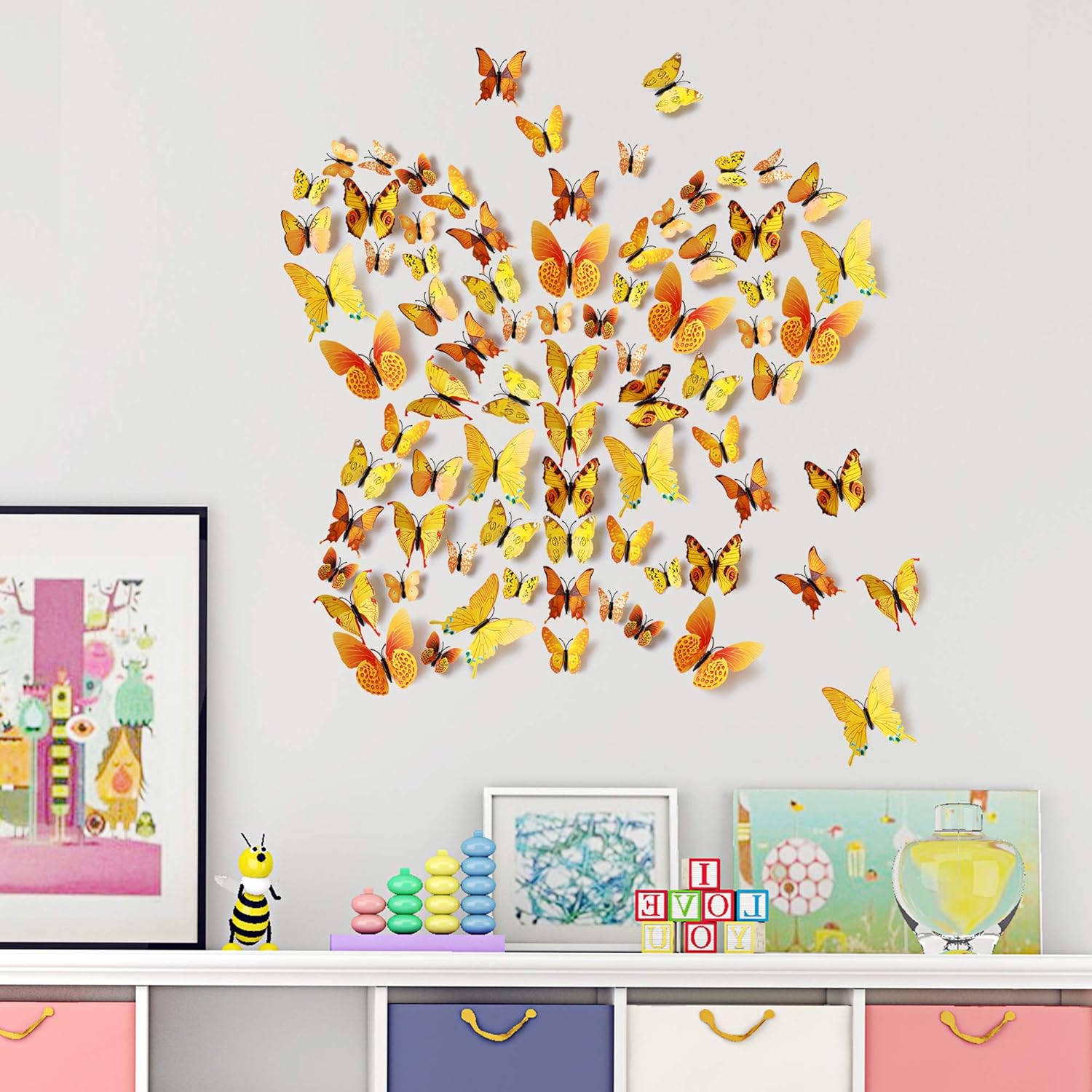 LiveGallery 72 PCS Yellow Removable 3D DIY Beautiful Butterfly Wall Decals Colorful Butterflies Art Decor Wall Stickers Murals for Kids Baby Boy Girls Bedroom Classroom Offices (Yellow)
