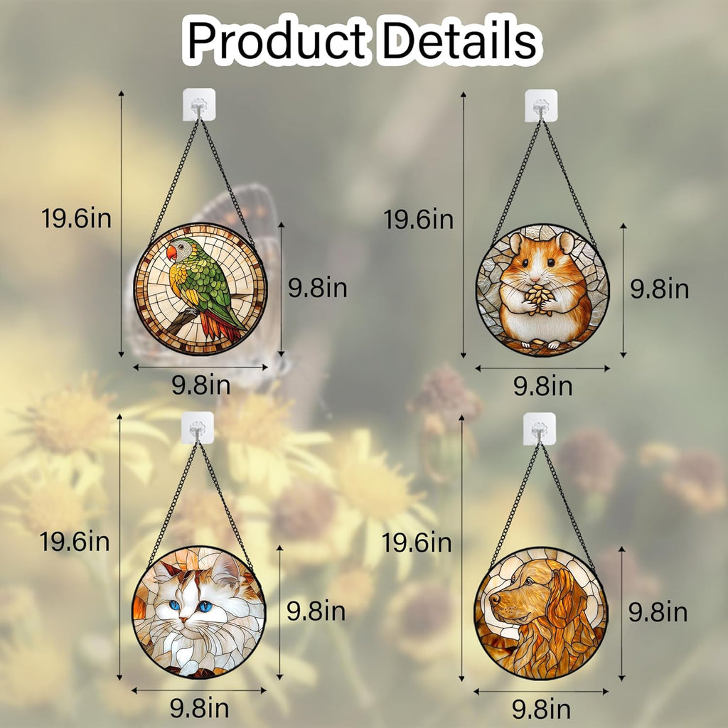 Stained Glass Window Hanging 4 Pcs Set Cute Cat and Dog 9.8" - Animal Suncatcher Door Garden Sun Catcher Decor Birthday Mother's Day for Mom Woman Nana Girl Boy Friend