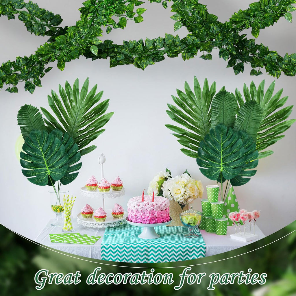 XunYee 168 Pcs Artificial Jungle Vines Tropical Leaf Garland and Monstera Palm Leaves Jungle Decoration Set, Fake Ivy Vines Green Greenery Faux Leaves for Baby Shower Safari Tropical Party Decoration