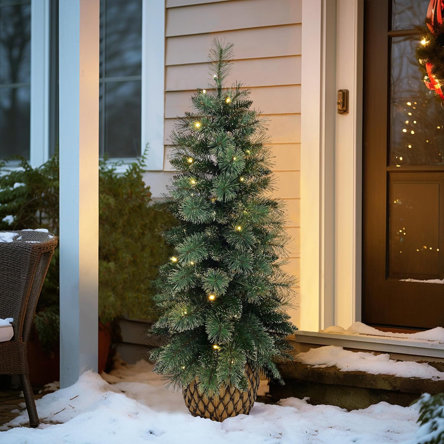 LuxenHome 4FT Small Christmas Tree, Prelit Slim Potted Artificial Christmas Trees with 50 Warm White LED Lights, Realistic Faux Pine Tree with Rattan Style Pot for Entrance, Hallway Display
