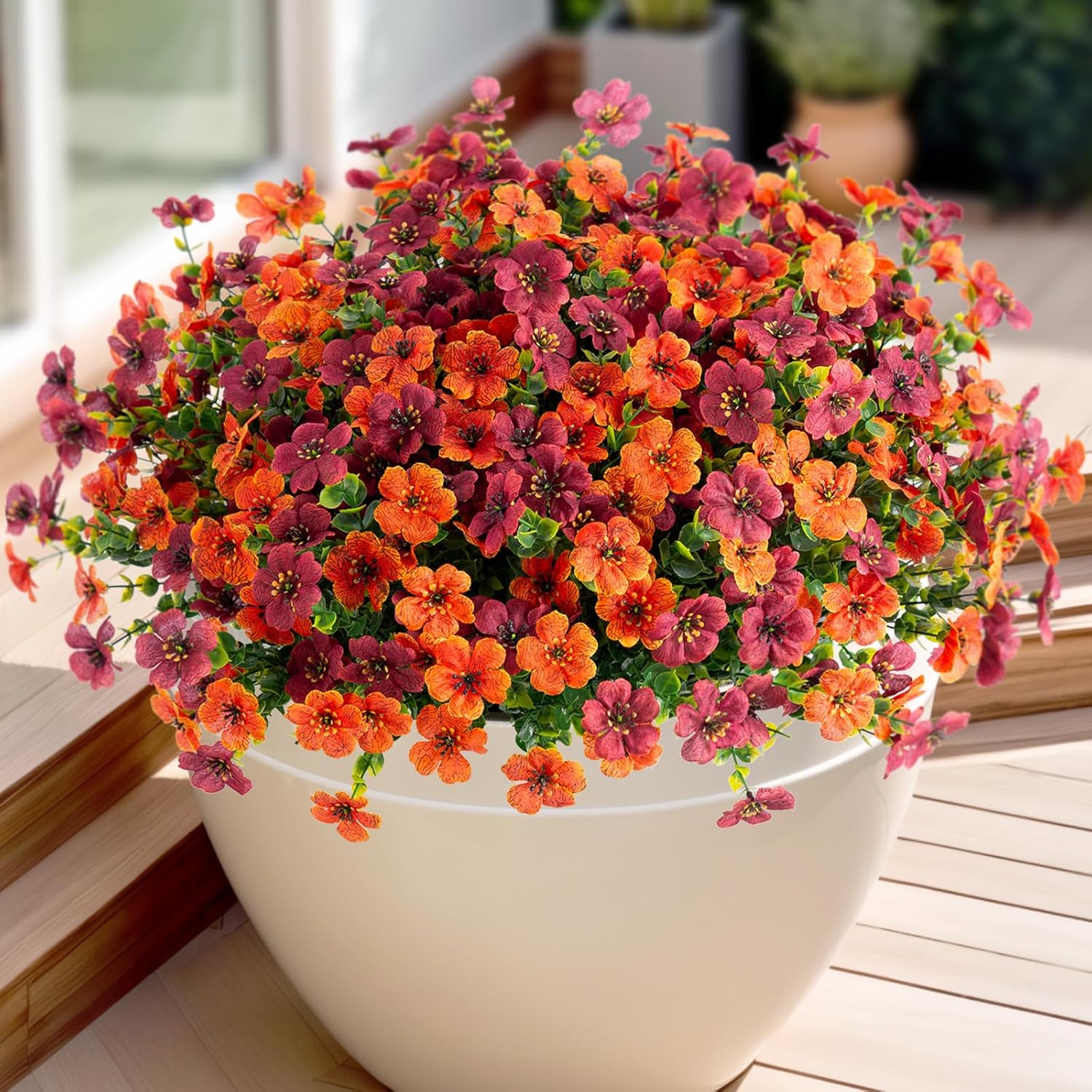 Fall Mums Artificial Flowers for Outdoors Potted, 12 Bundles Fake Fall Daisy Flower with Realistic Eucalyptus Leaves, Fake Plants for Greenery Boxwood Porch Patio Garden Pot Courtyard(Orange Brown)