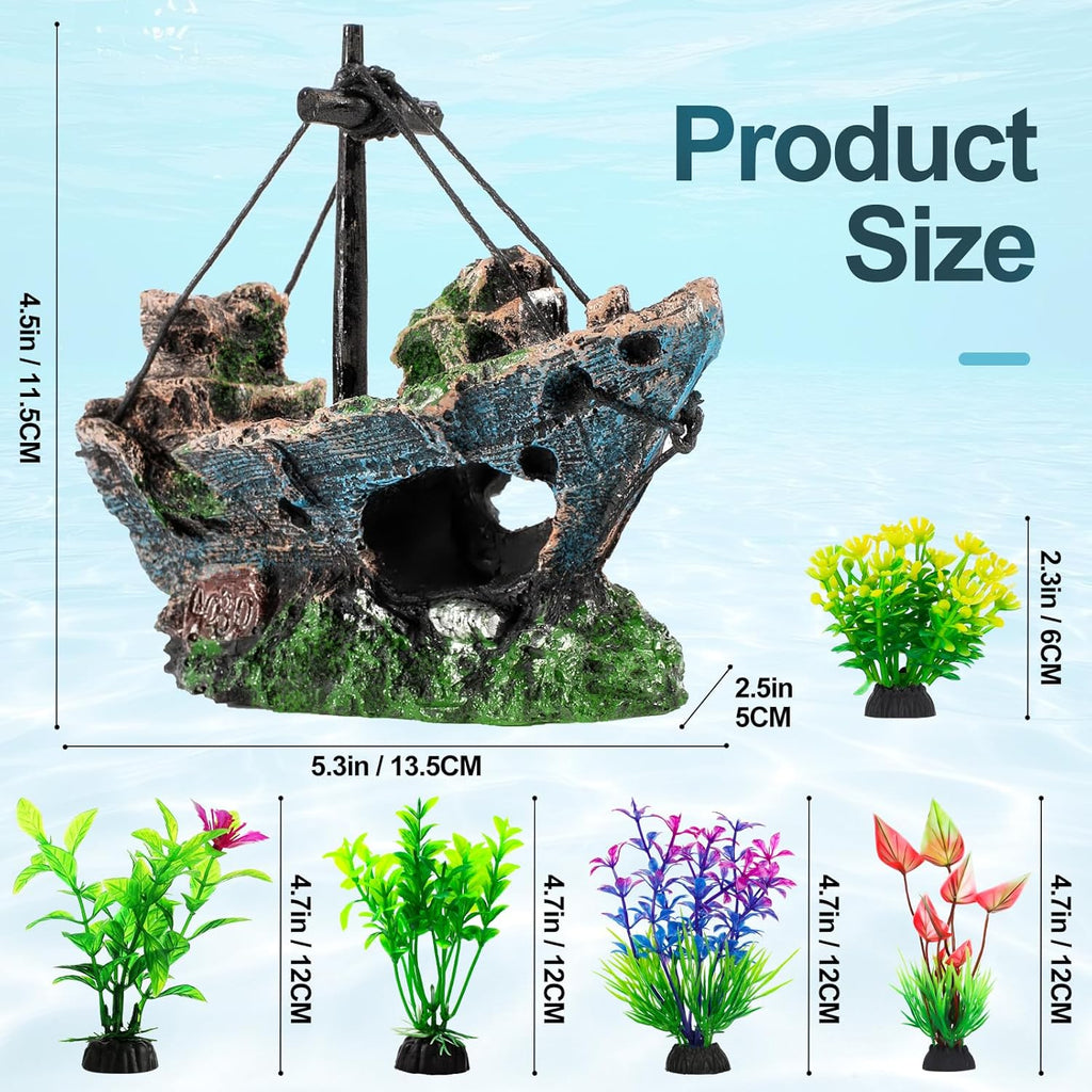 Fish Tank Decorations Set Sunken Ship Decoration,Resin Material Fish Tank Plants Accessories for Natural Look, Aquarium Shipwreck x 1pc, Aquatic Plants x 5pcs