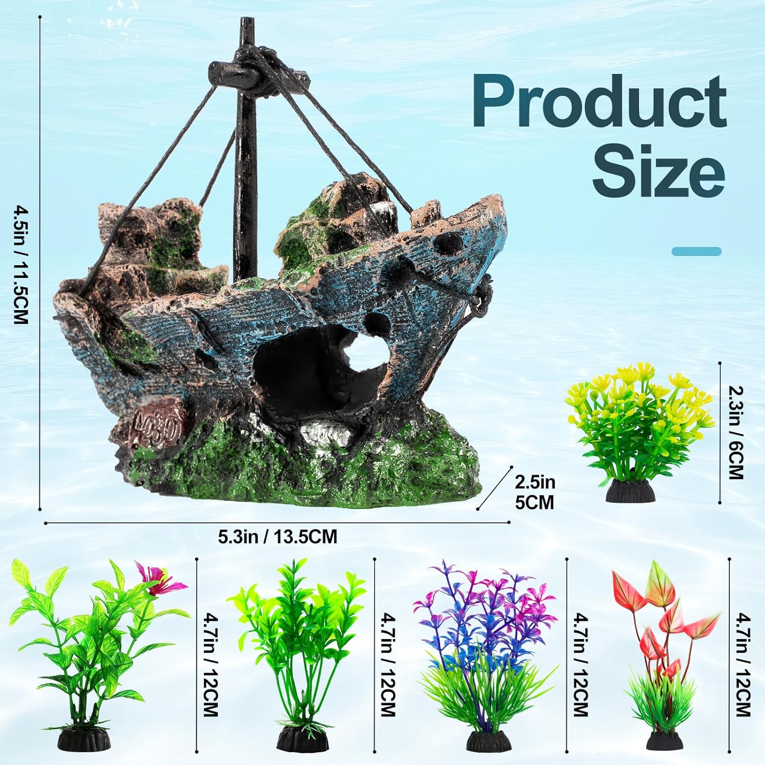 Fish Tank Decorations Set Sunken Ship Decoration,Resin Material Fish Tank Plants Accessories for Natural Look, Aquarium Shipwreck x 1pc, Aquatic Plants x 5pcs