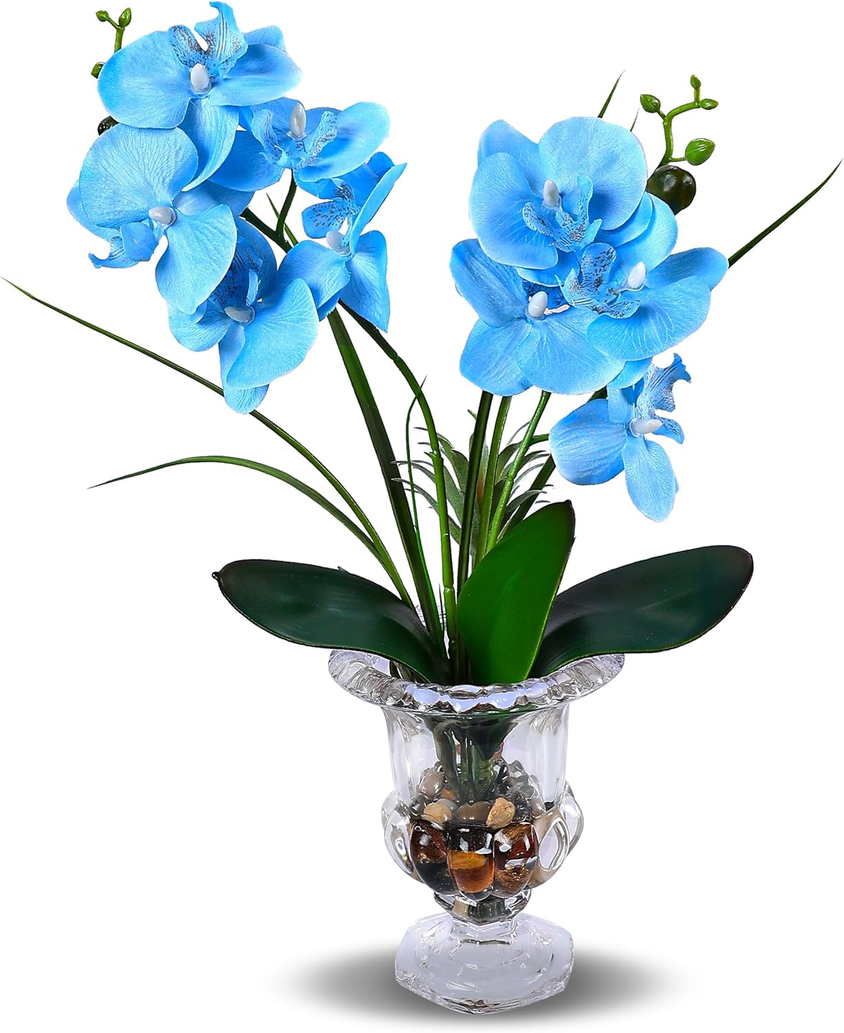 Jusdreen Artificial Blue Orchid in Glass Vase, Realistic Phalaenopsis Arrangement with Potting for Home Office Table Decor, 14.5 Inch Orchid Centerpiece