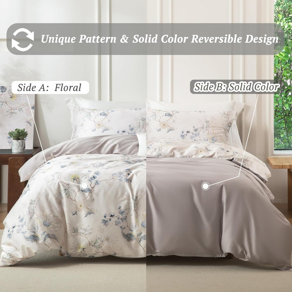 MILDLY Cal King Size Duvet Cover Set 100% Long-Staple Cotton Luxury Elegant Floral Patten Reversible Comforter Cover Set 3Pcs