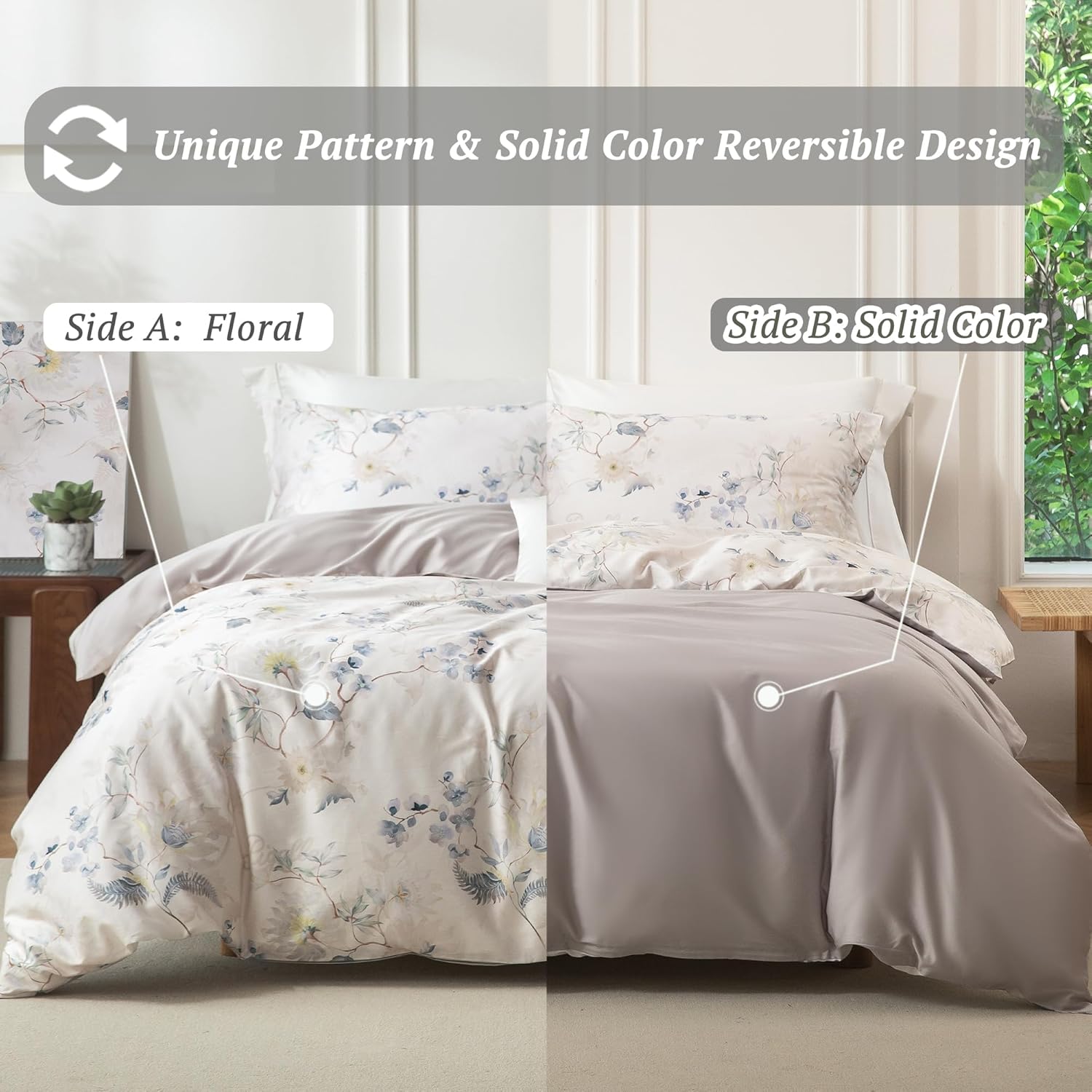 MILDLY Full Size Duvet Cover Set 100% Long-Staple Cotton Luxury Elegant Floral Patten Reversible Comforter Cover Set 3Pcs
