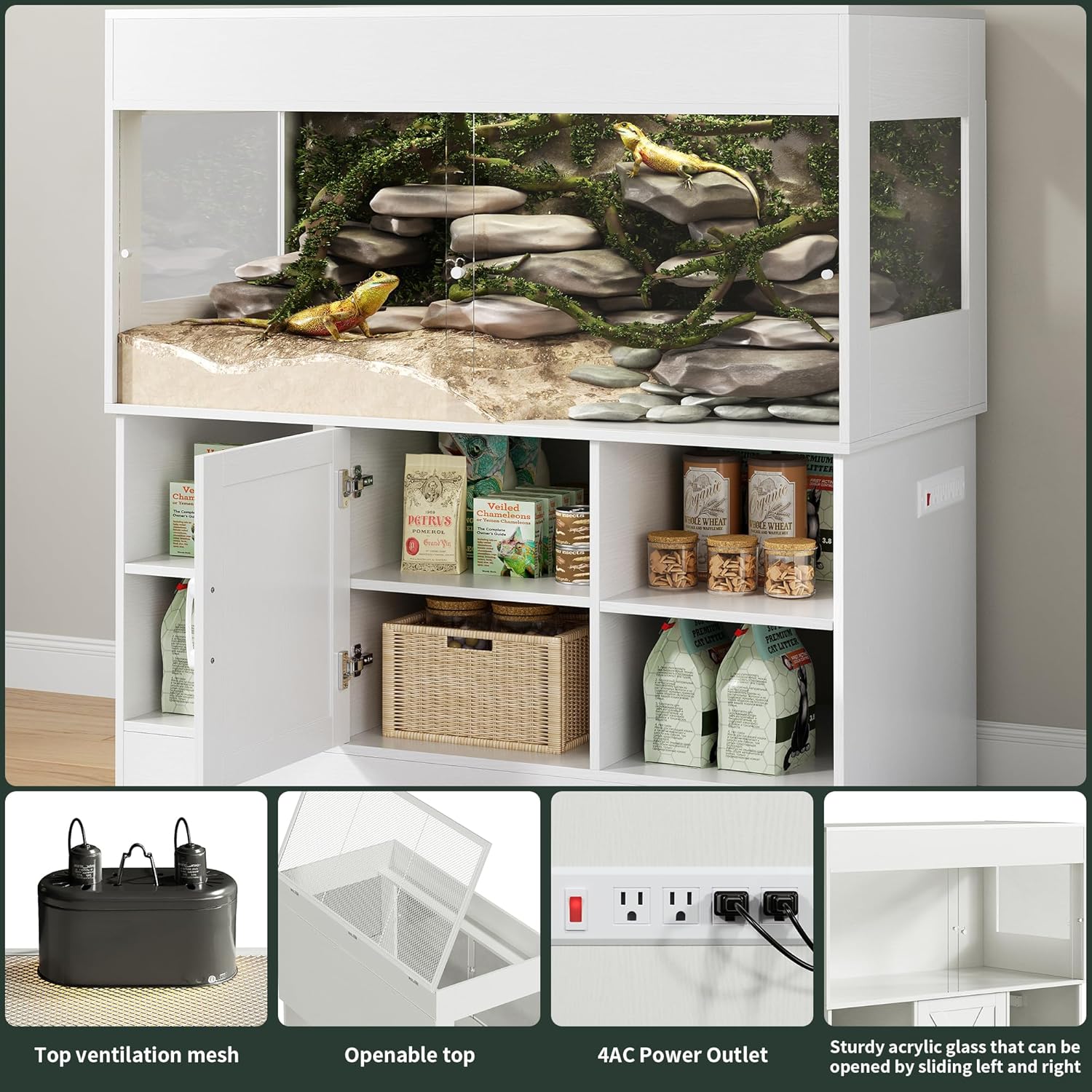 120 Gallon Terrarium with Stand, 4x2x2 Reptile Enclosure Tank for Bearded Dragons Snakes Lizards, Large Vivarium Habitat with Storage & Power Strip White PX07RTW