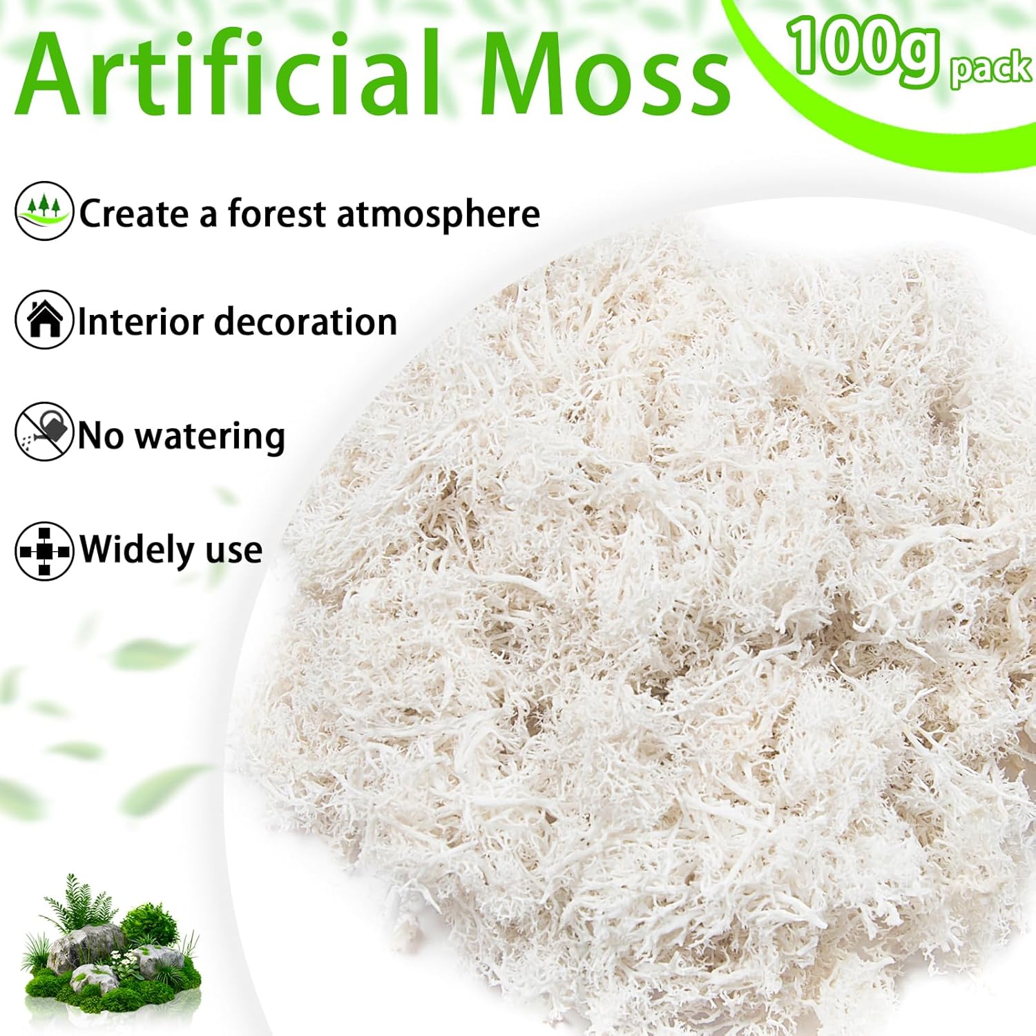 3.5 oz Artificial Moss for Plants Indoor, Fake Moss Preserved Reindeer Moss for Centerpieces Decor,Faux Moss for Moss Decor Home Decor Potted Plants Crafts Wedding Wall Decor(White)