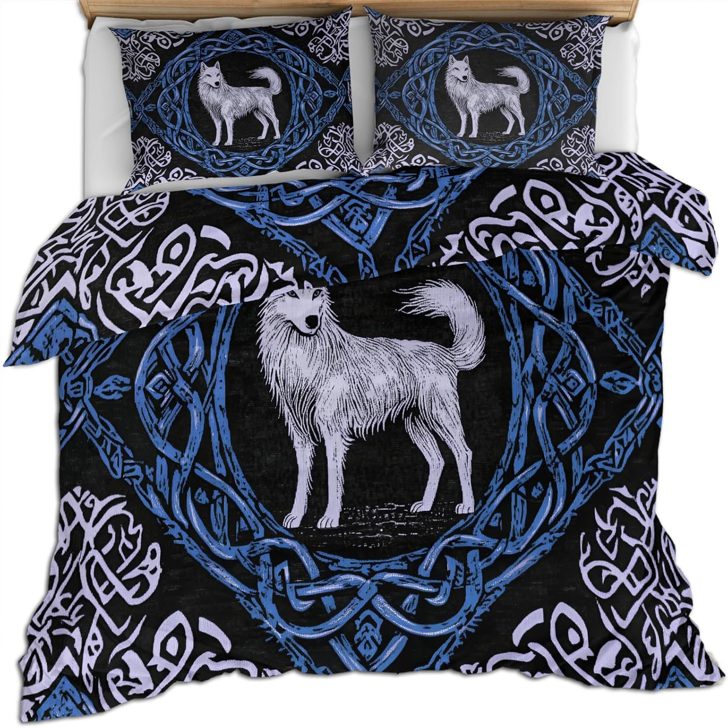Viking Wolf Duvet Cover Full Size, Norse Mythology Bedding Set 3 Piece Bedroom Decor Abstract Mid Century Comforter Cover with Zipper Ties & 2 Pillowcases