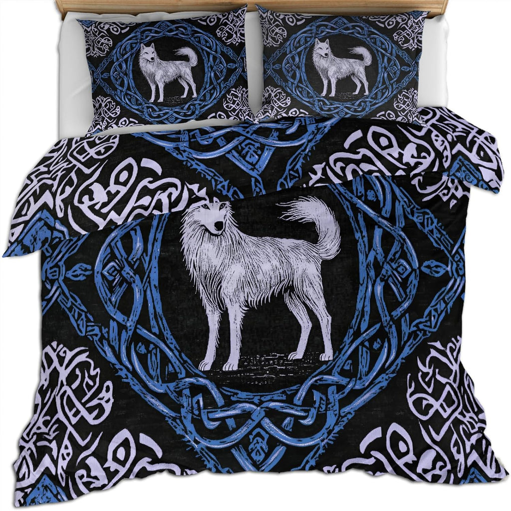 Viking Wolf Duvet Cover Oversized King, Norse Mythology Bedding Set 3 Piece Bedroom Decor Abstract Mid Century Comforter Cover with Zipper Ties & 2 Pillowcases