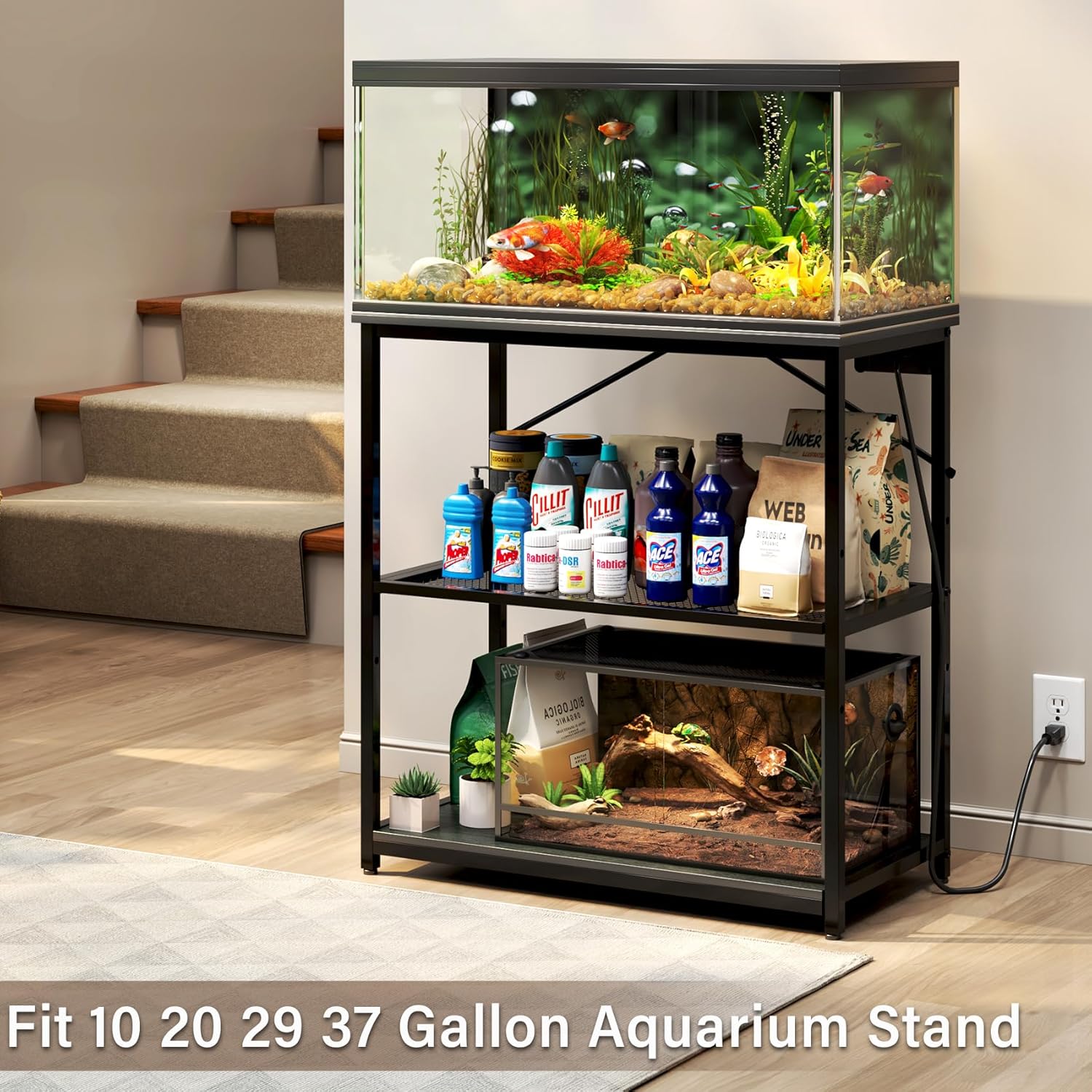 TC-HOMENY Fish Tank Stand 10-20-29-37 Gallon, 1000LB Capacity Aquarium Stand with Charging Station，31" L x 16" W Metal Reptile Tank Stand, Double Storage Design Adjustable Boards, Black (Tank not Included)