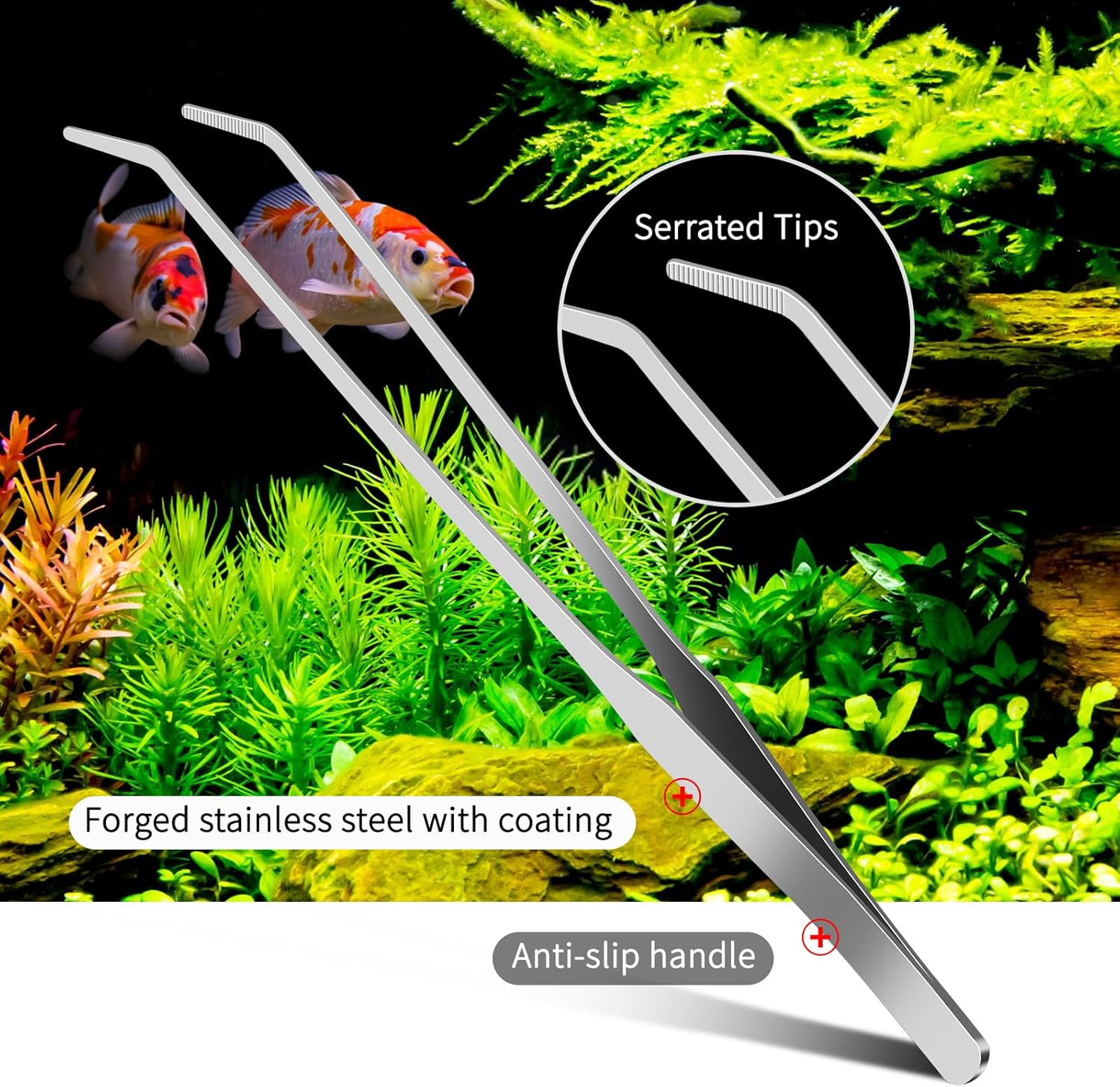 2pc-10.6"Aquarium Tweezers,Stainless Steel Straight and Curved Tweezers Set,Long Handle Reptile Feeding Tongs for Lizards, Bearded Dragon Snake Tank Accessories (Silver)