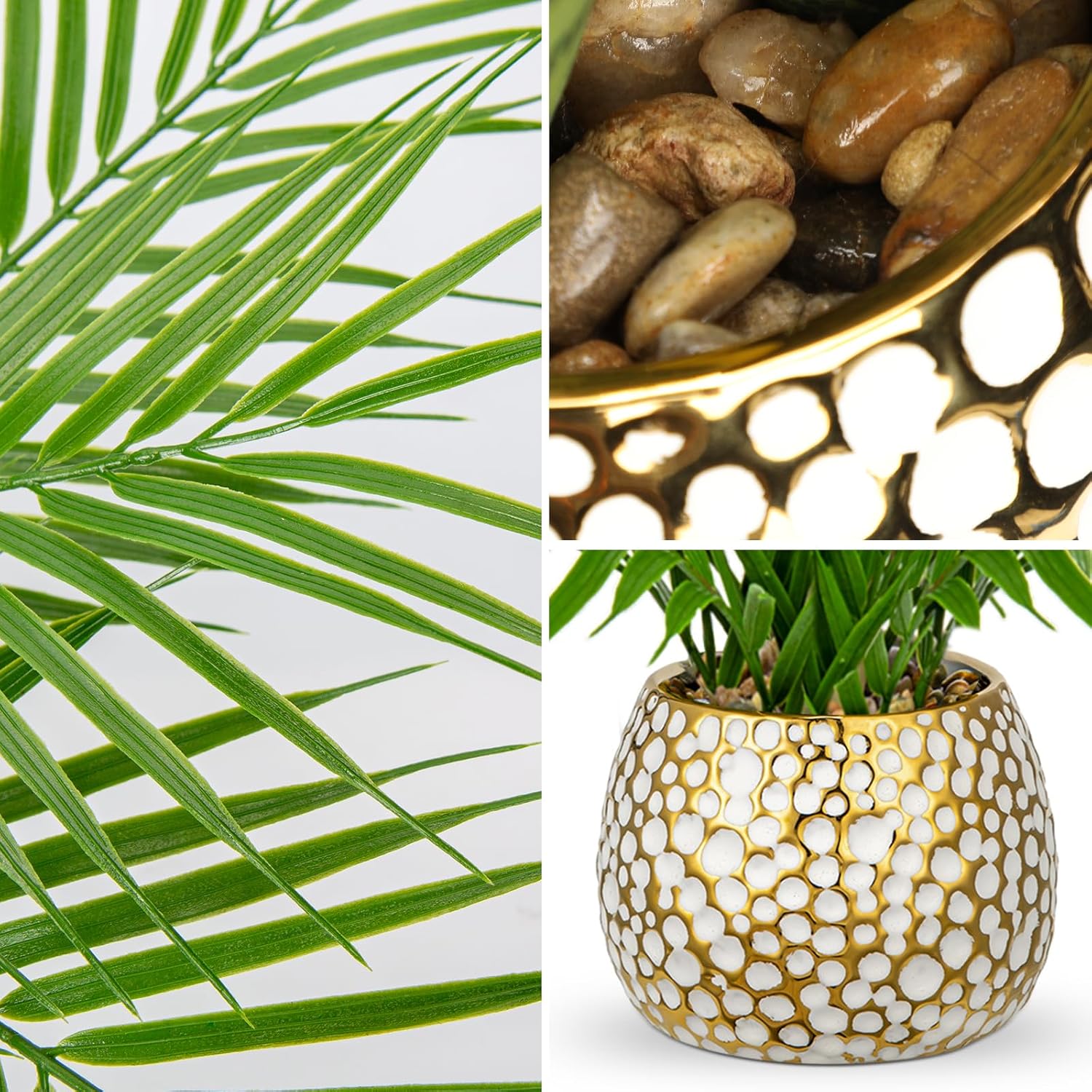 Briful Fake Plants 15'' Faux Palm Plant in Gold-White Pot Realistic Artificial Plants Indoor for Home Farmhouse Centrepieces Wedding Decorations
